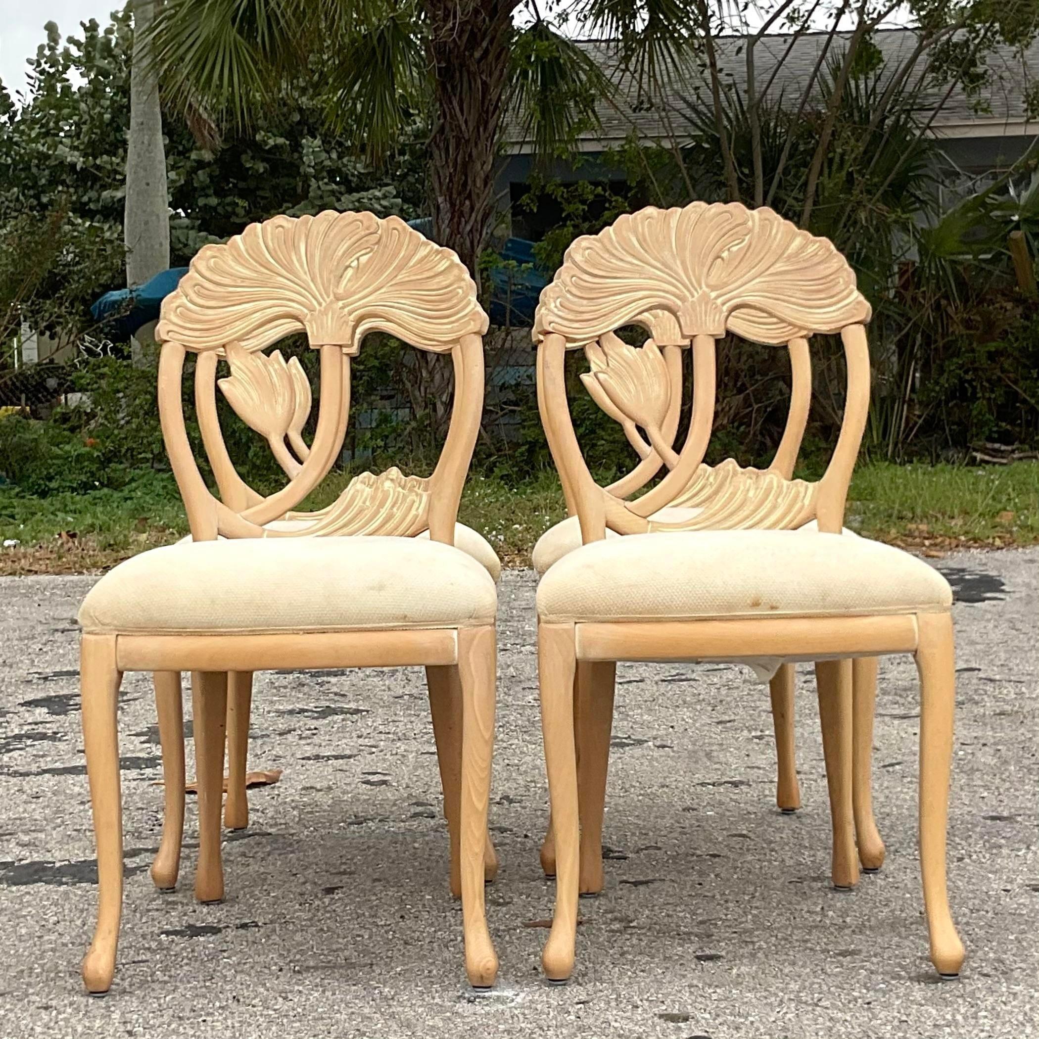 Vintage Coastal Andre Originals Carved Lily Dining Chairs - Set of 4 For Sale 1