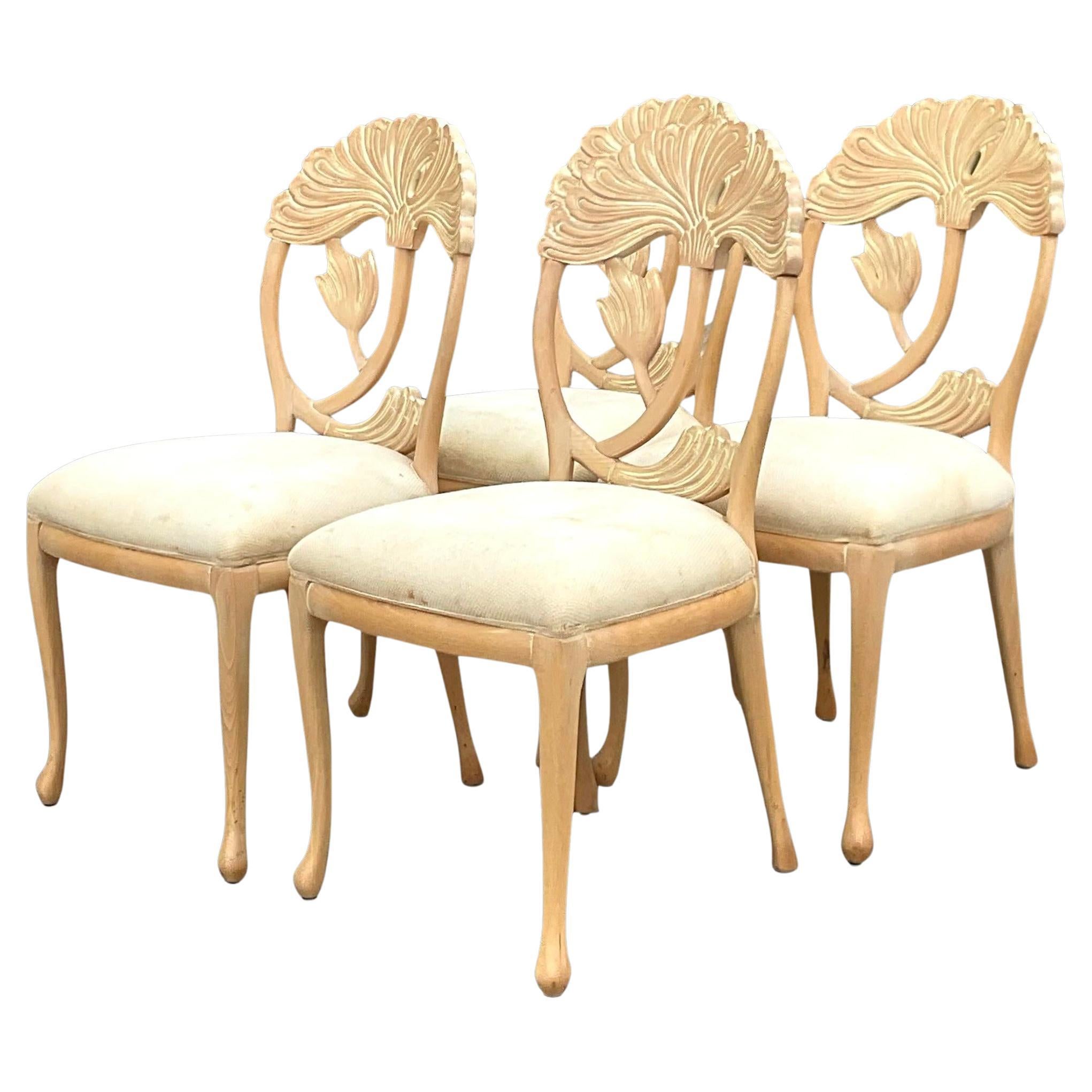 Vintage Coastal Andre Originals Carved Lily Dining Chairs - Set of 4 For Sale