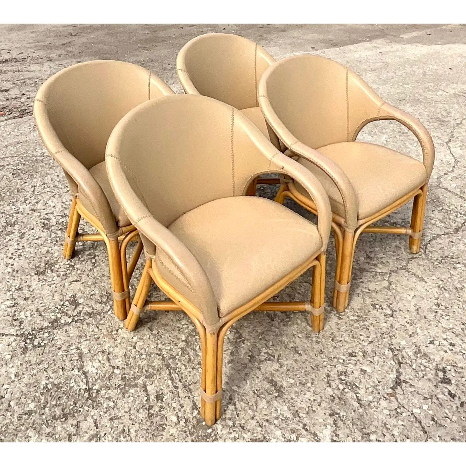 Vintage Coastal Antonio Budji Leather and Rattan Dining Chairs, Set of 4 5