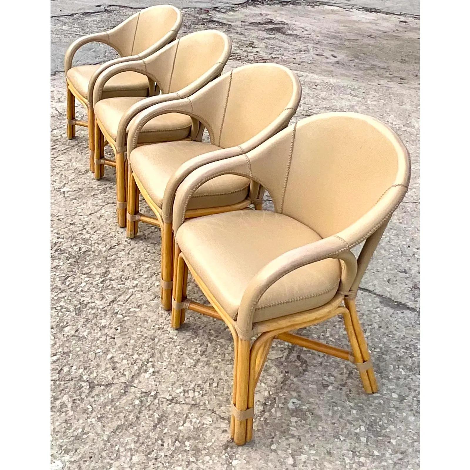 Vintage Coastal Antonio Budji Leather and Rattan Dining Chairs, Set of 4 6