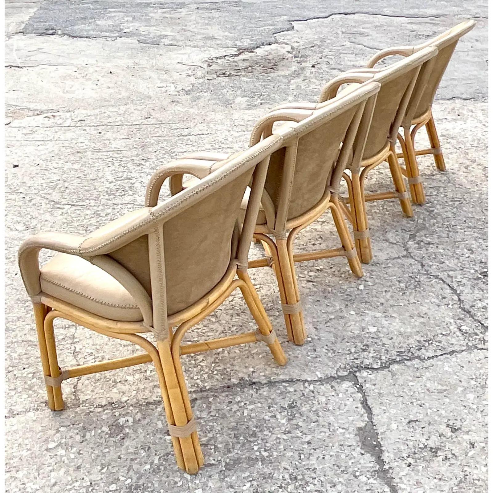 Vintage Coastal Antonio Budji Leather and Rattan Dining Chairs, Set of 4 7