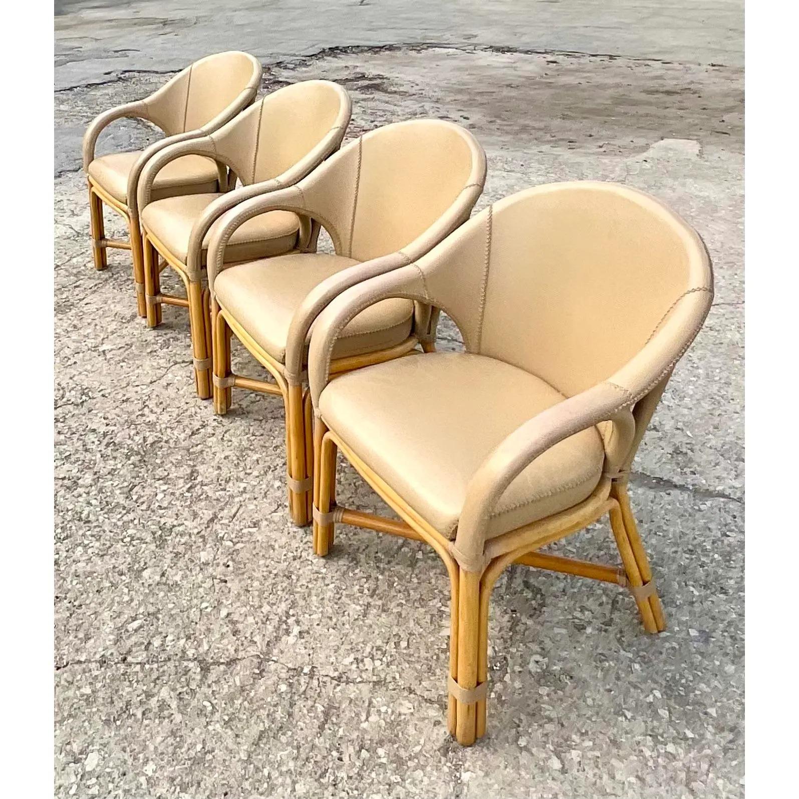Vintage Coastal Antonio Budji Leather and Rattan Dining Chairs, Set of 4 8