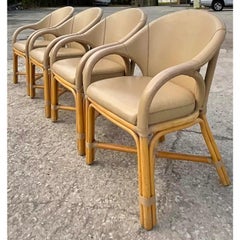 Vintage Coastal Antonio Budji Leather and Rattan Dining Chairs, Set of 4