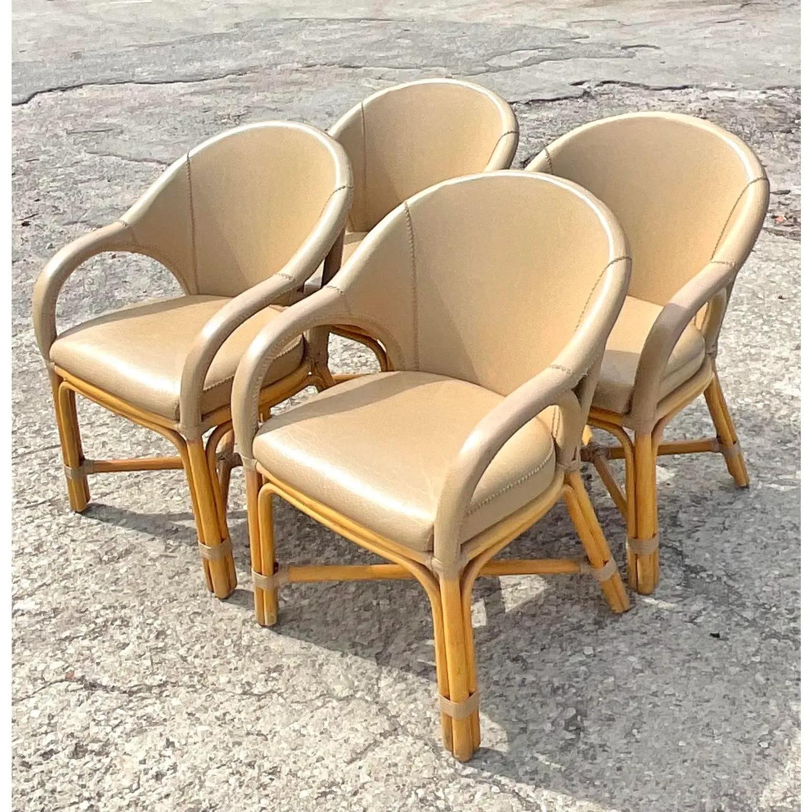 Philippine Vintage Coastal Antonio Budji Leather and Rattan Dining Chairs, Set of 4