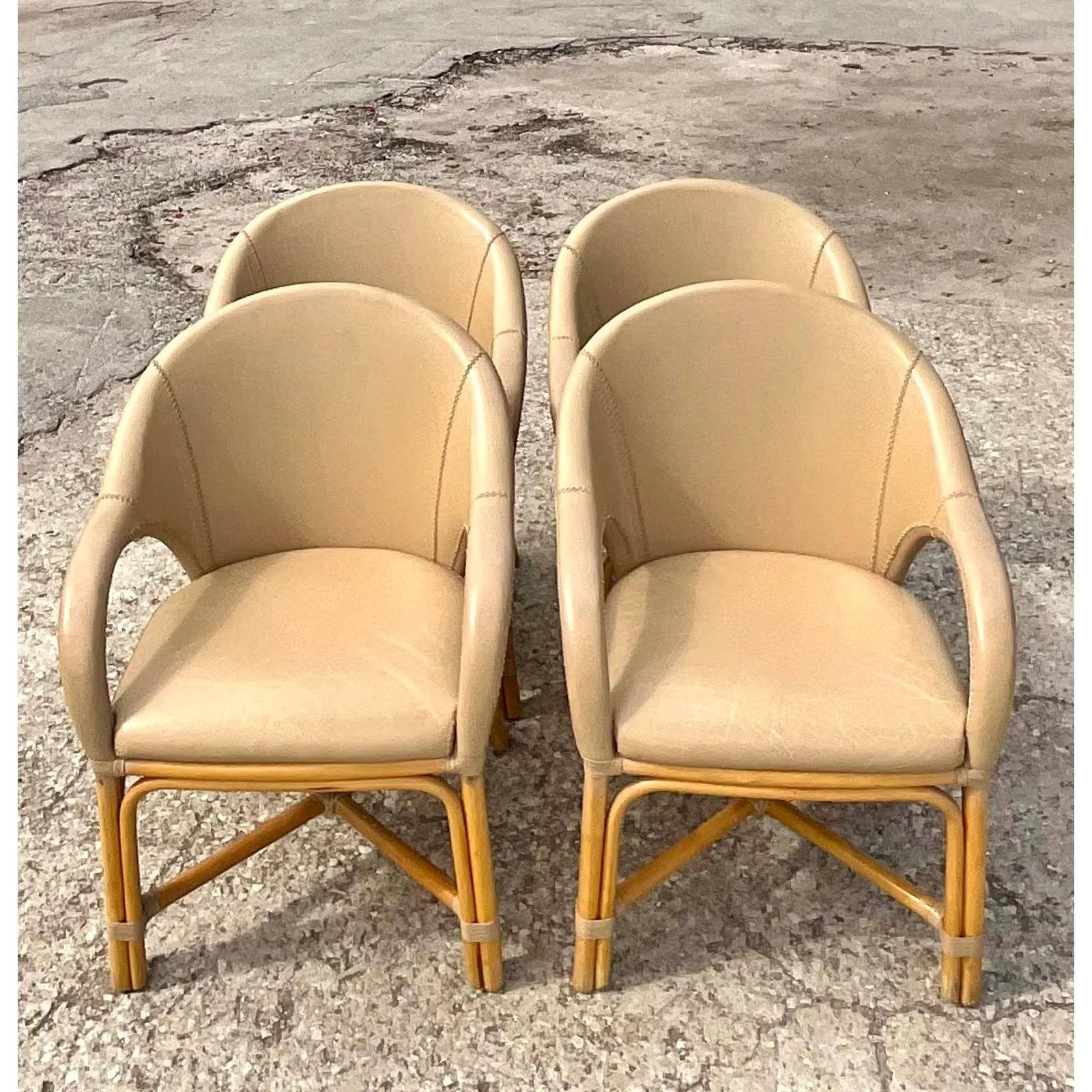 Vintage Coastal Antonio Budji Leather and Rattan Dining Chairs, Set of 4 In Good Condition In west palm beach, FL