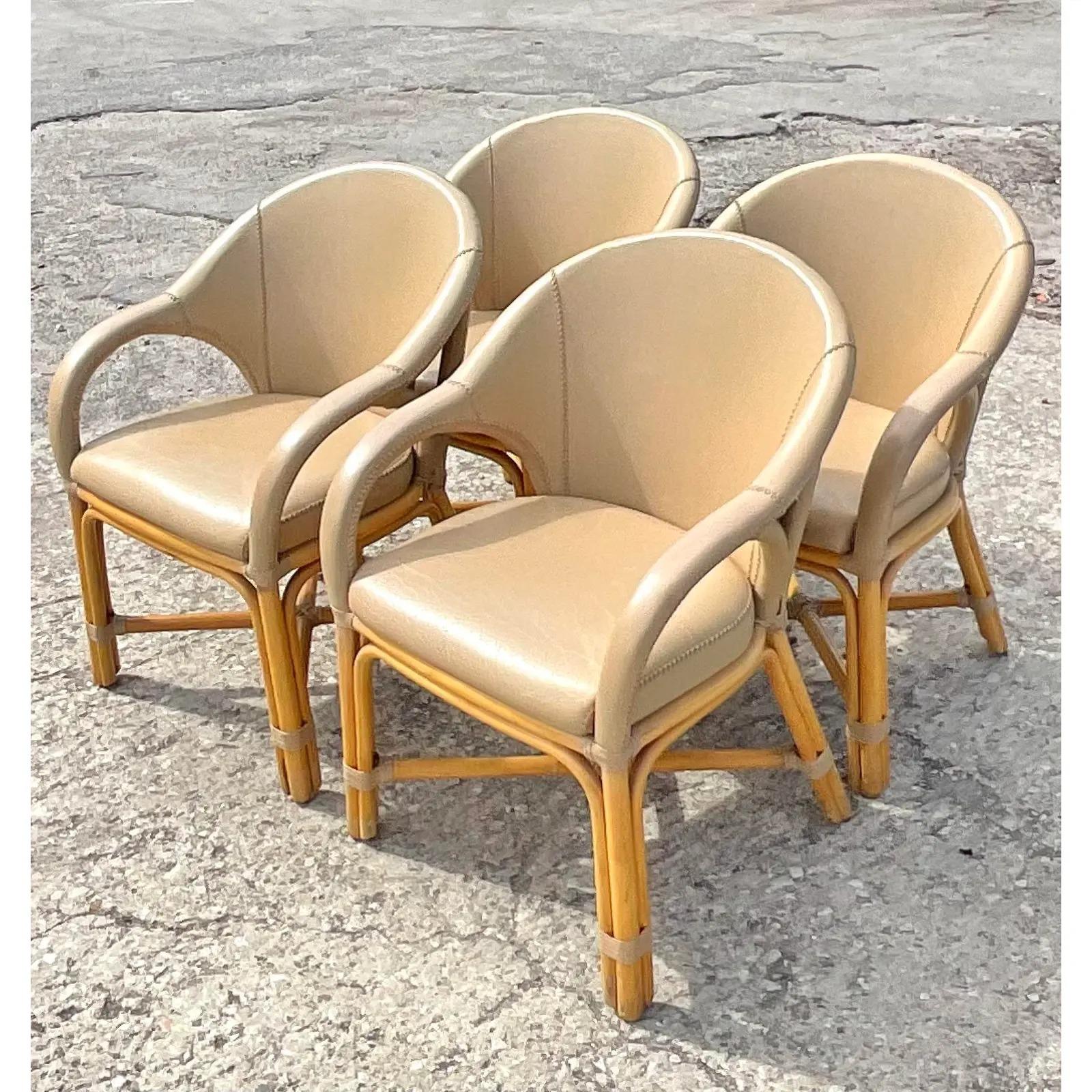20th Century Vintage Coastal Antonio Budji Leather and Rattan Dining Chairs, Set of 4