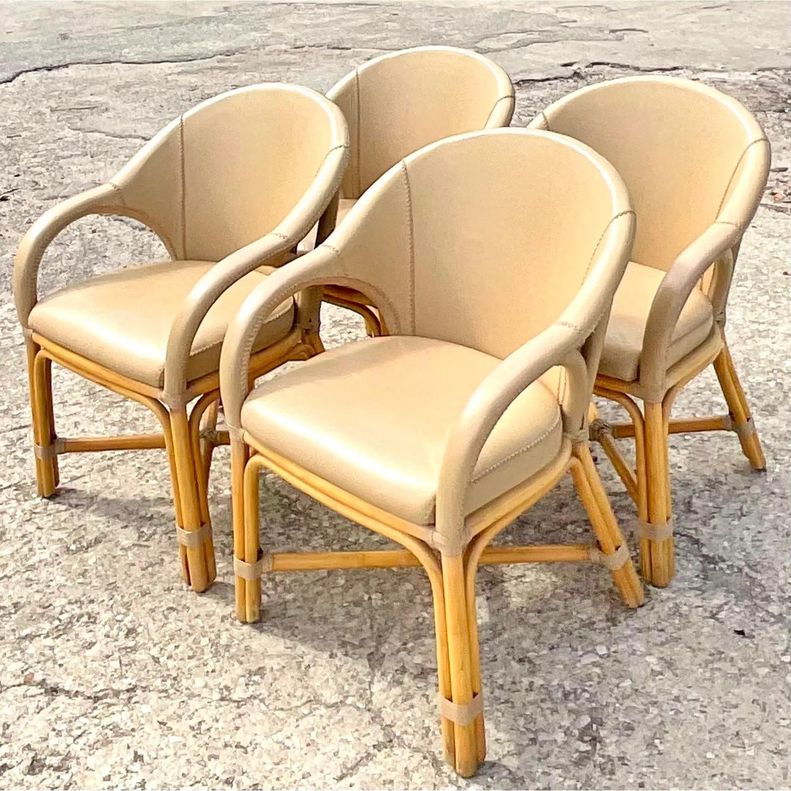 Vintage Coastal Antonio Budji Leather and Rattan Dining Chairs, Set of 4 3