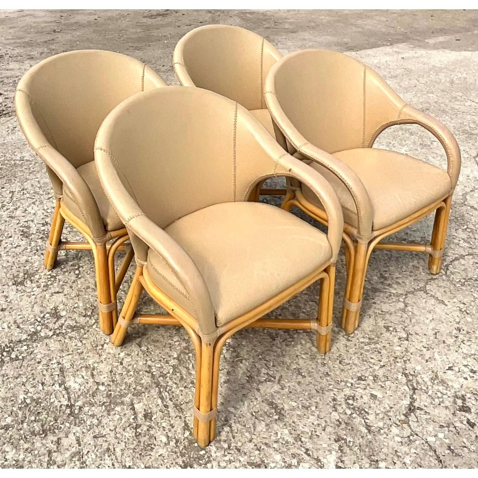Vintage Coastal Antonio Budji Leather and Rattan Dining Chairs, Set of 4 4