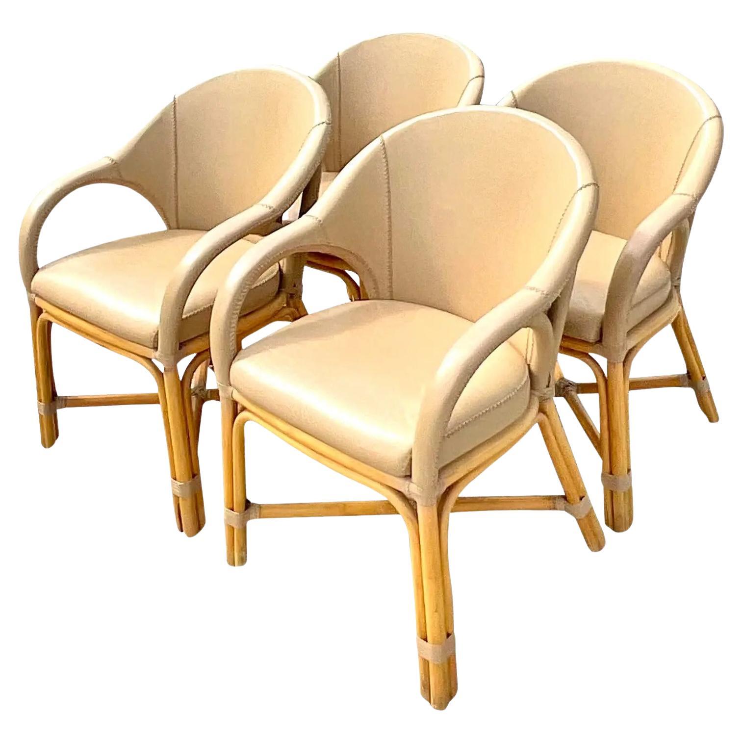 Vintage Coastal Antonio Budji Leather and Rattan Dining Chairs, Set of 4