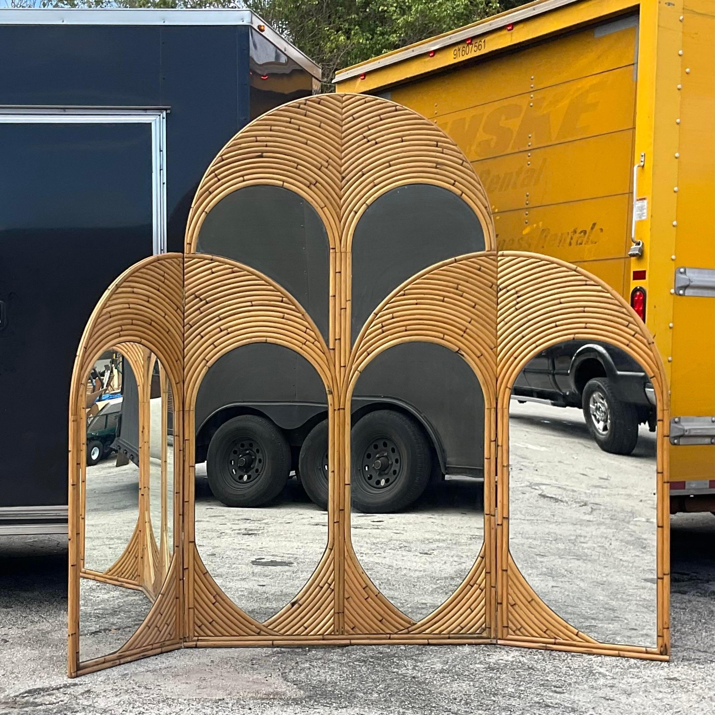 20th Century Vintage Coastal Arched Bent Rattan Mirrored Screen