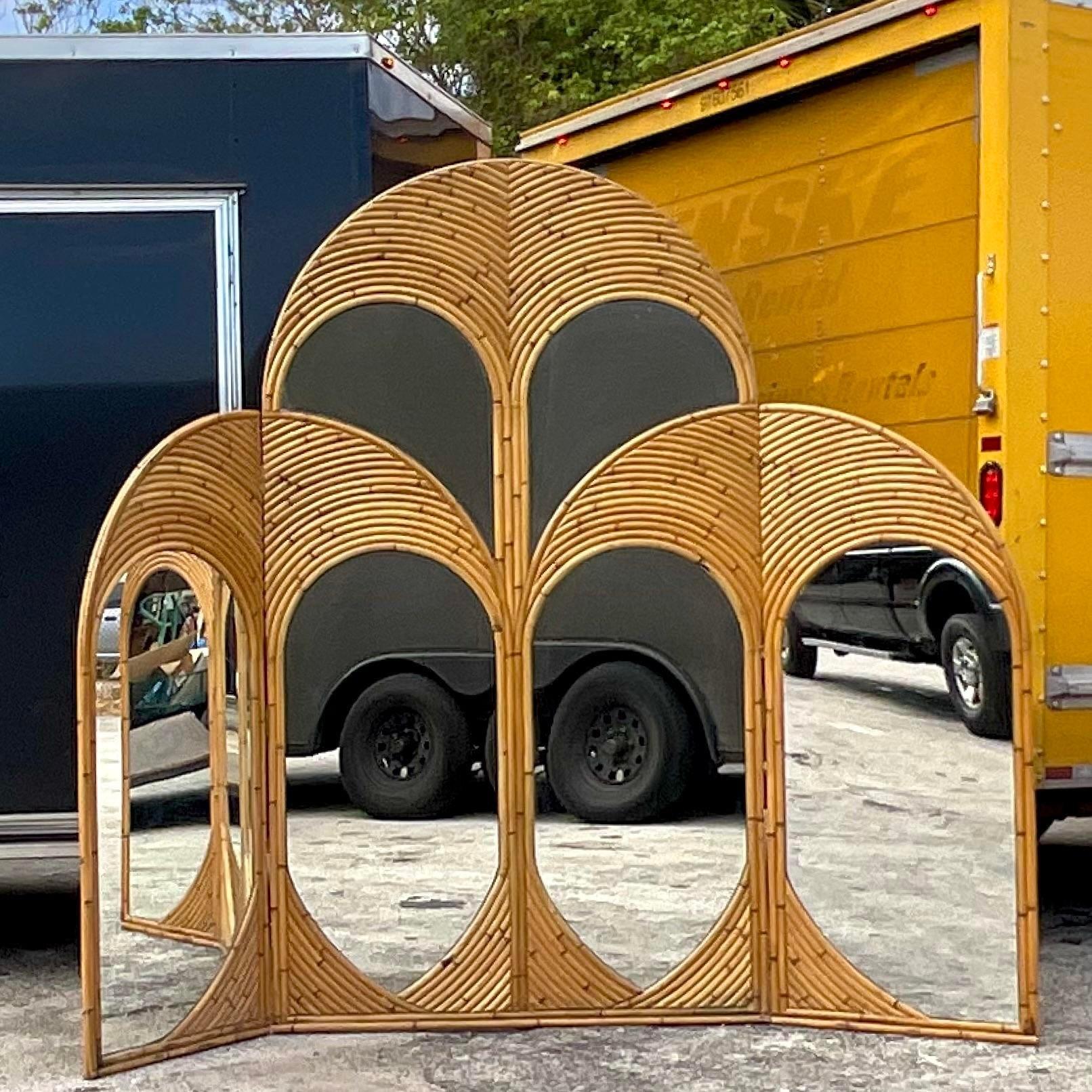 Vintage Coastal Arched Bent Rattan Mirrored Screen 2