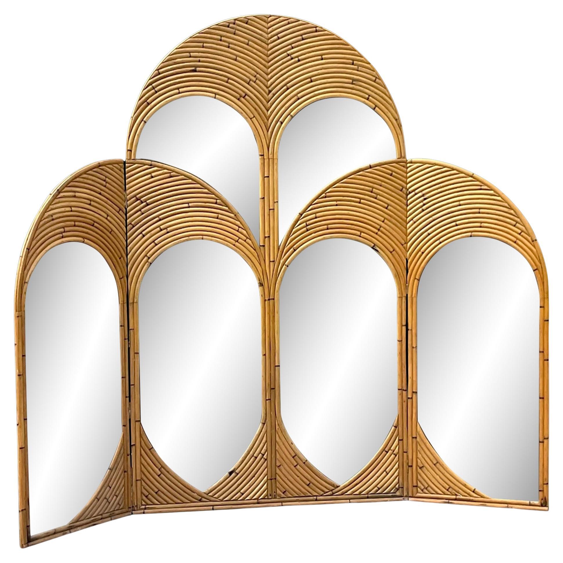 Vintage Coastal Arched Bent Rattan Mirrored Screen
