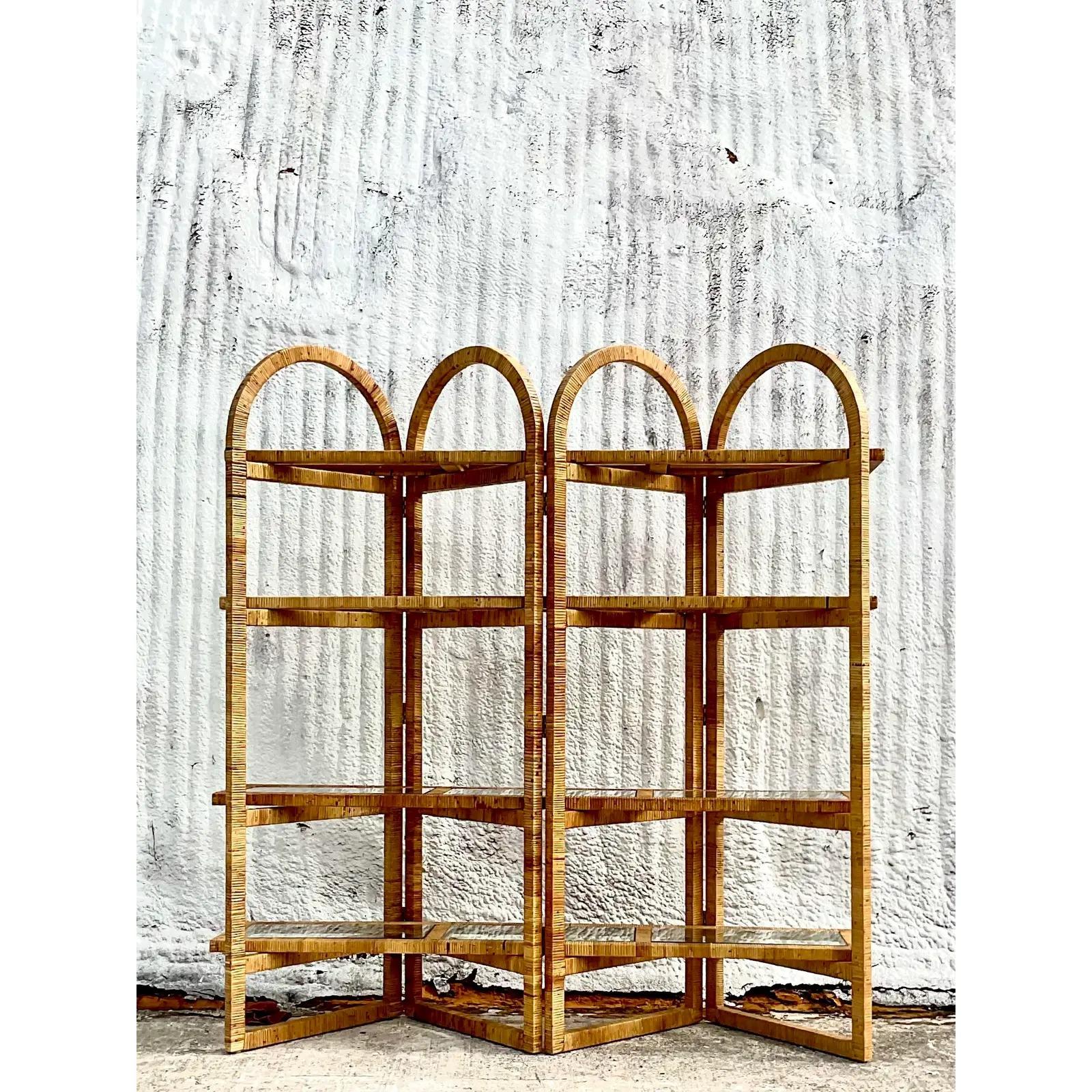 vintage arched rattan shelf