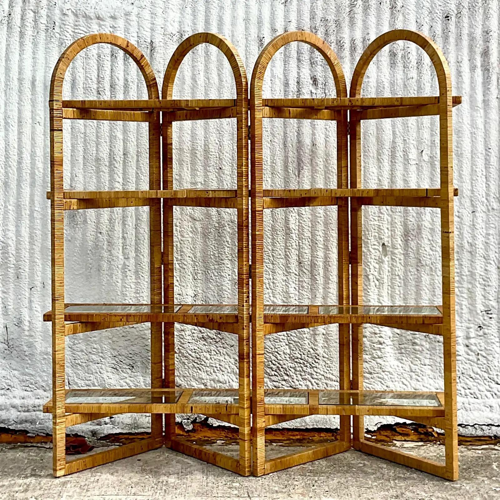 Vintage Coastal Arched Folding Rattan Etagere In Good Condition In west palm beach, FL
