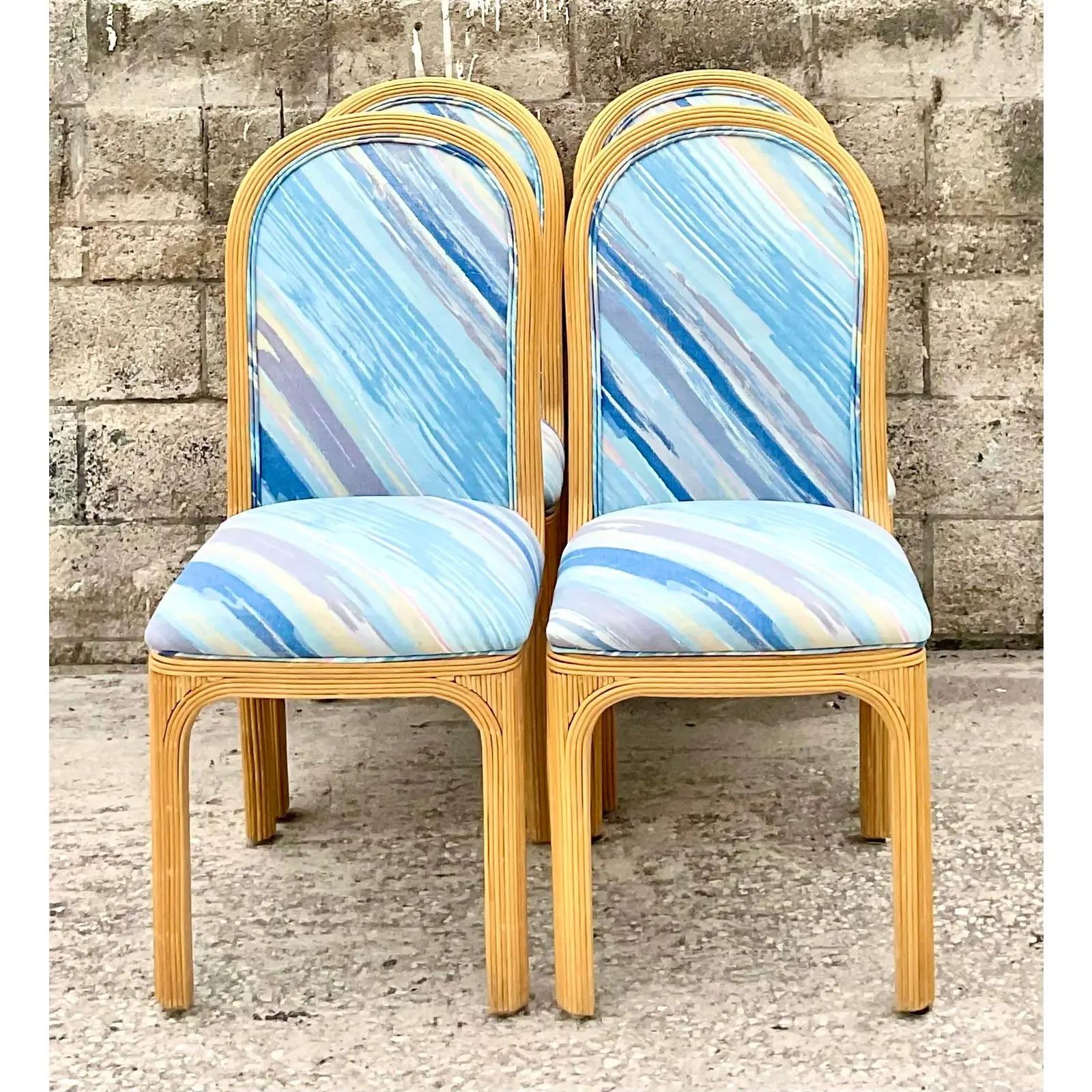 Philippine Vintage Coastal Arched Pencil Reed Dining Chairs, Set of 4