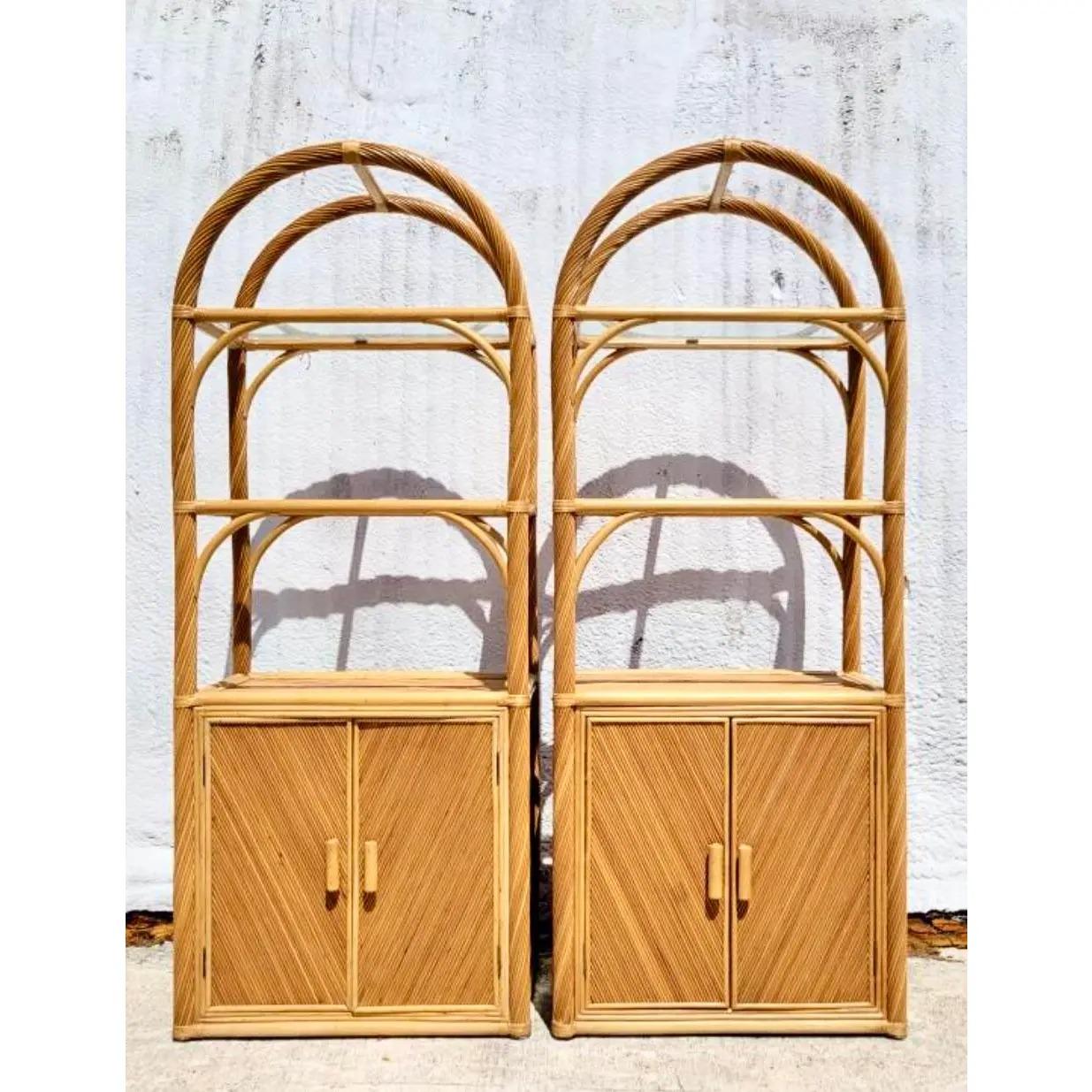 Vintage Coastal Arched Pencil Reed Etagere, a Pair 6