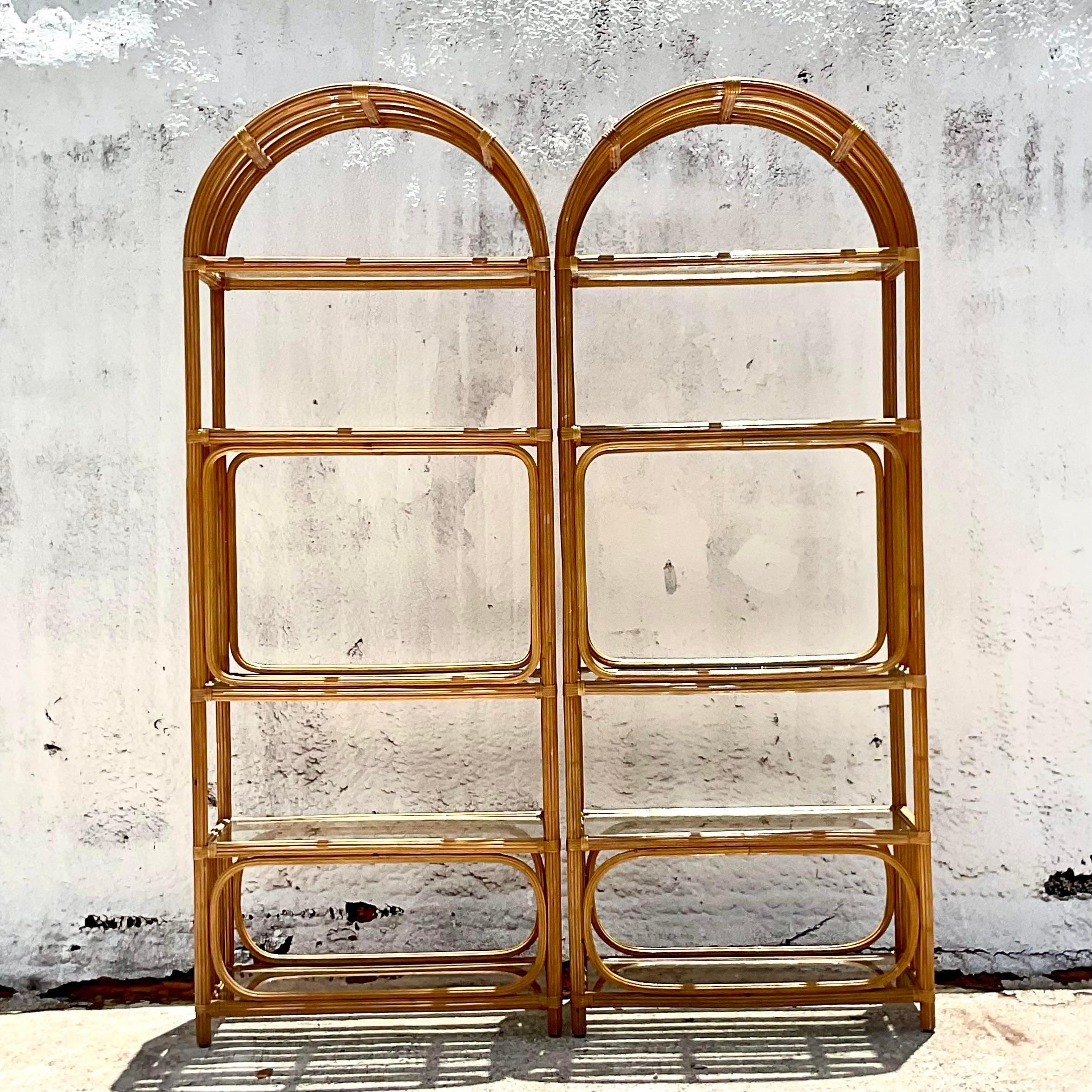 Philippine Vintage Coastal Arched Pencil Reed Etagere - a Pair