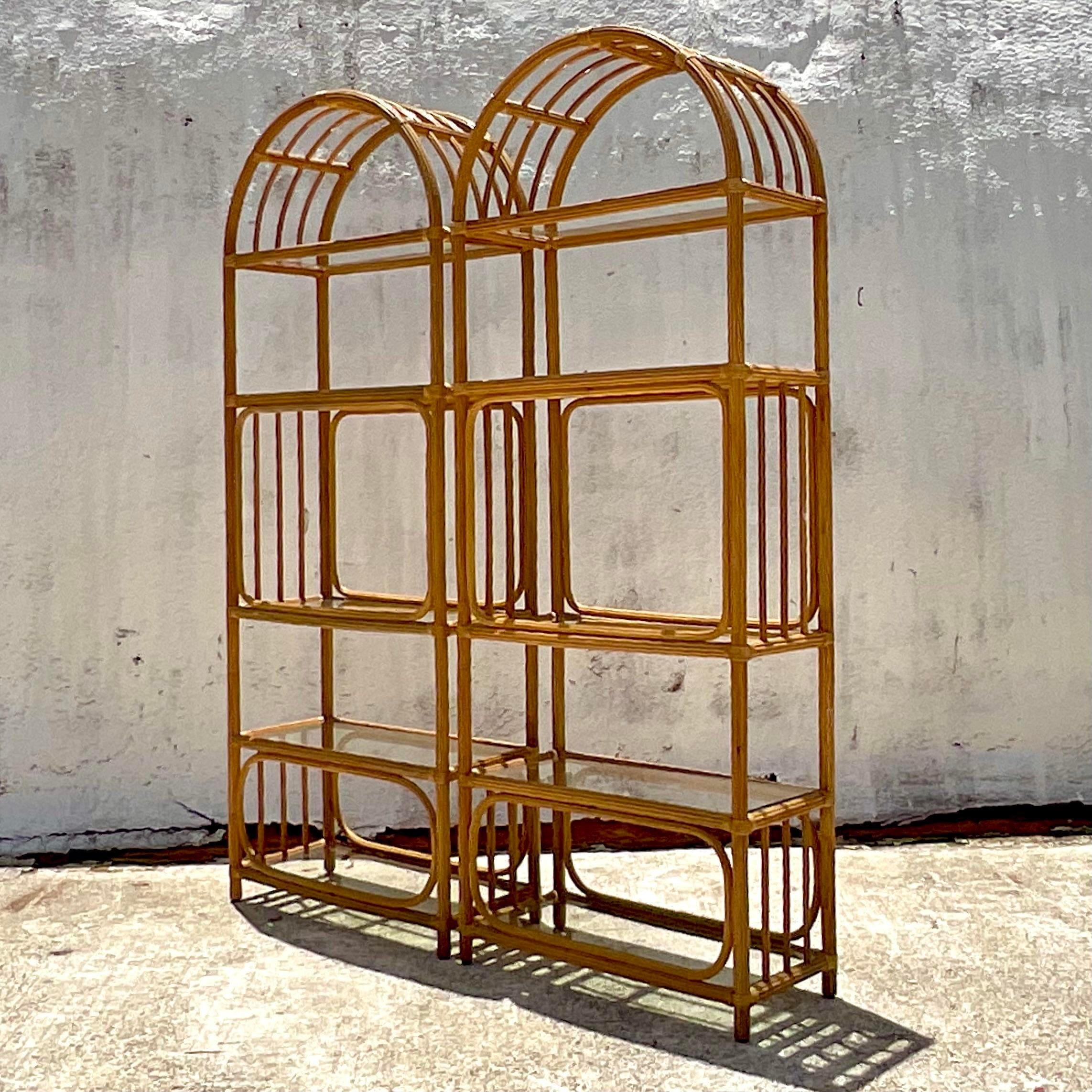 Vintage Coastal Arched Pencil Reed Etagere - a Pair In Good Condition In west palm beach, FL
