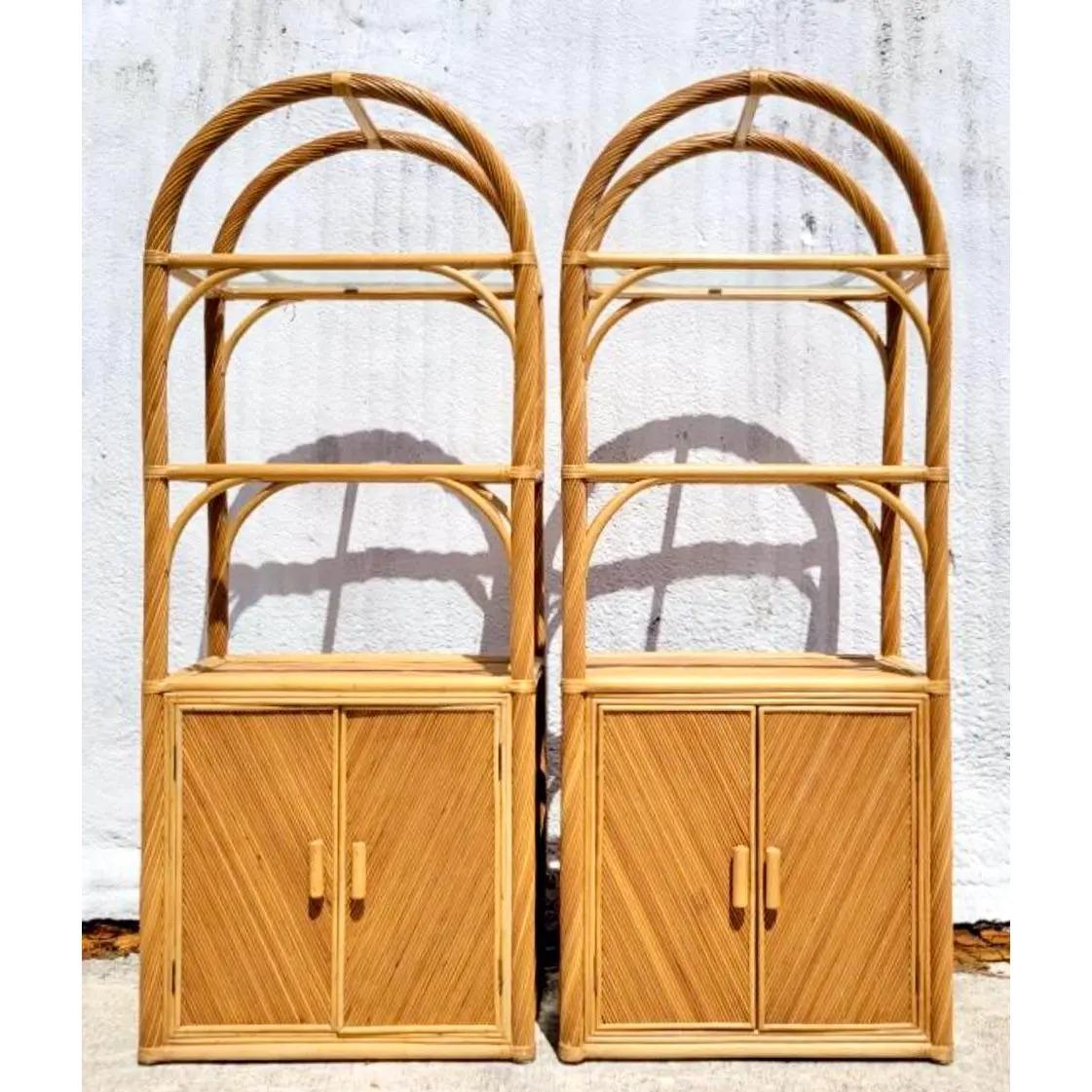 20th Century Vintage Coastal Arched Pencil Reed Etagere, a Pair
