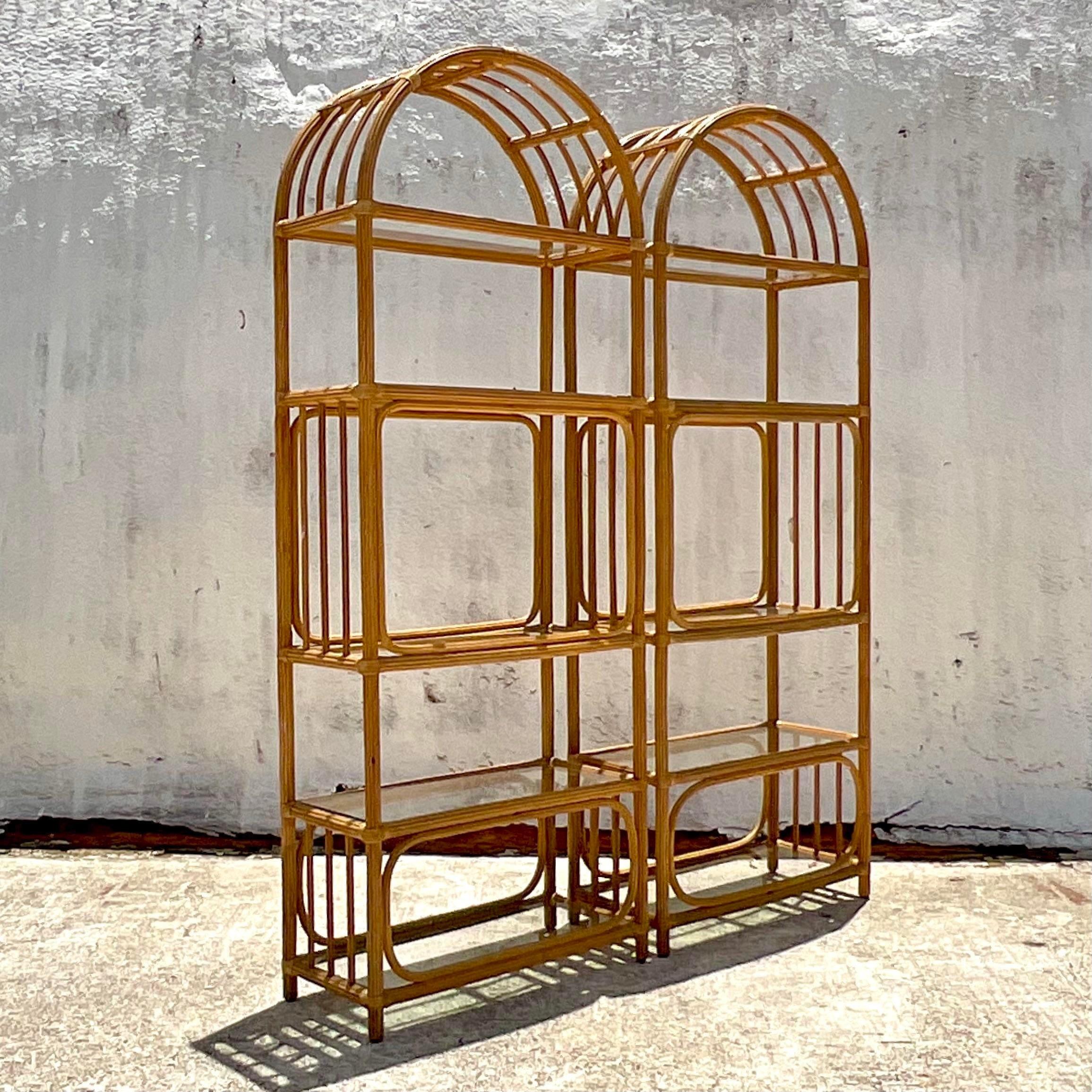20th Century Vintage Coastal Arched Pencil Reed Etagere - a Pair