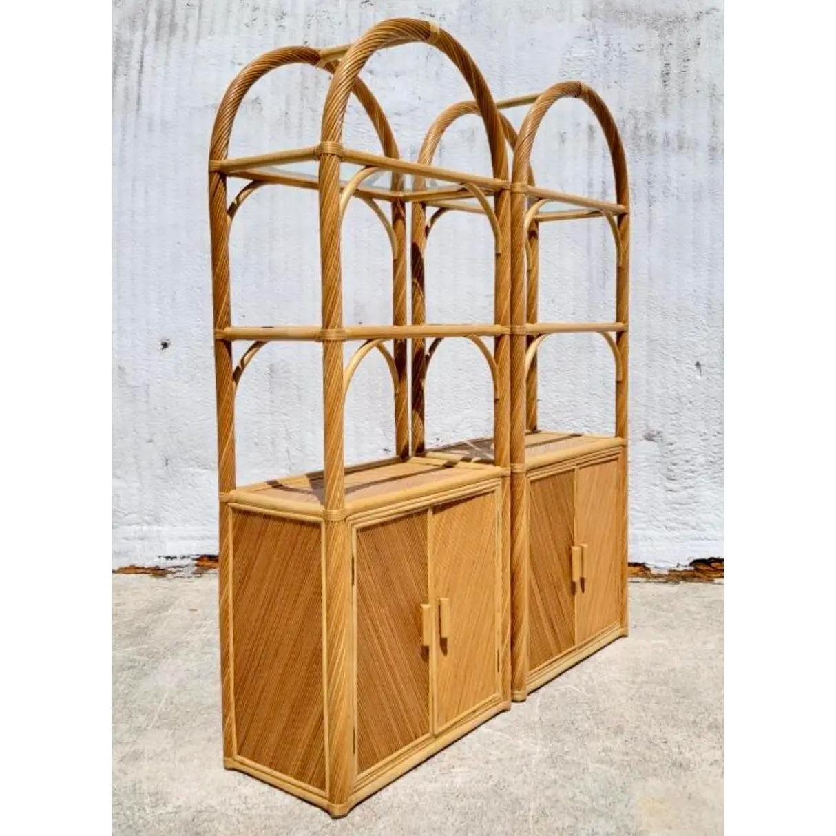 Vintage Coastal Arched Pencil Reed Etagere, a Pair 1