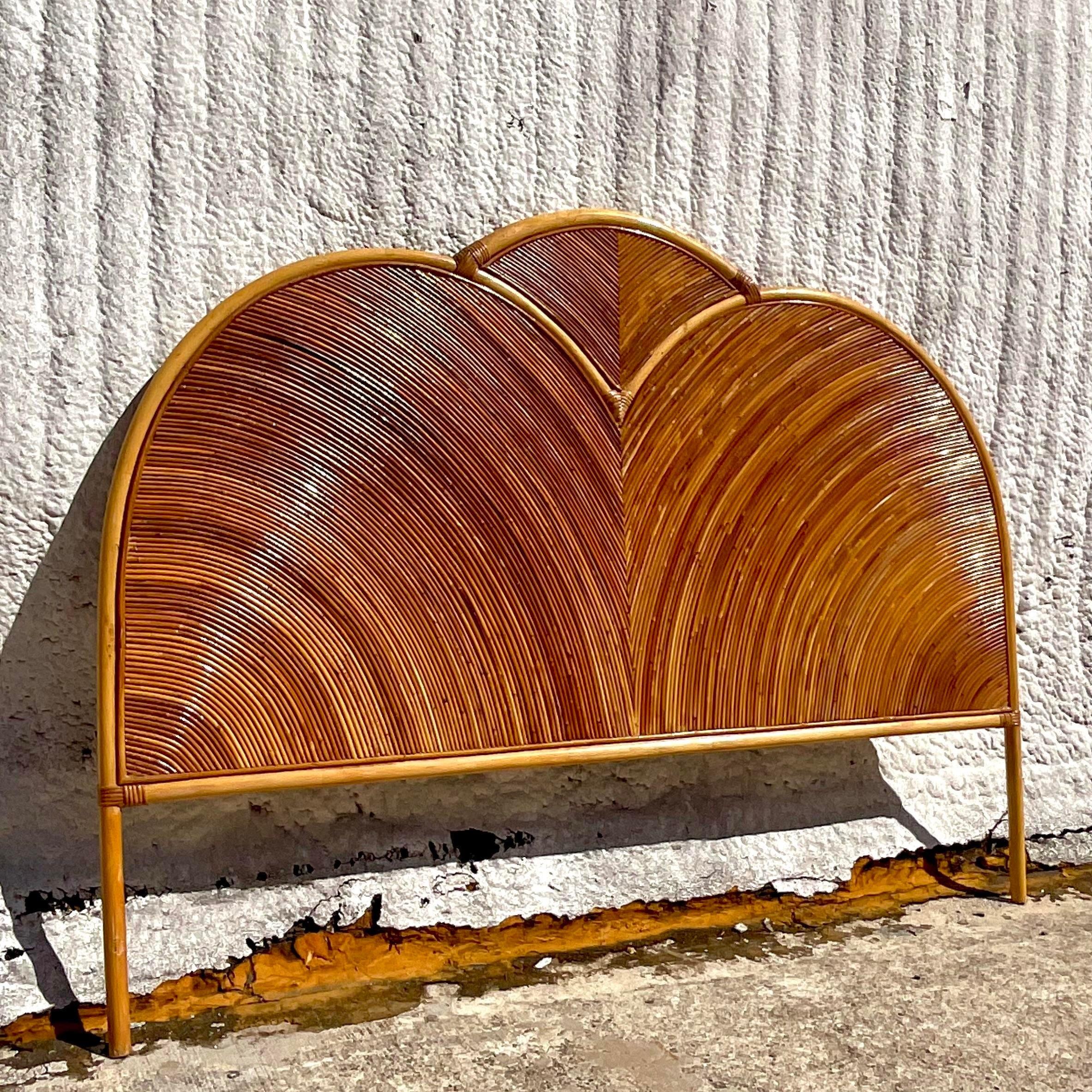 Philippine Vintage Coastal Arched Pencil Reed Queen Headboard For Sale