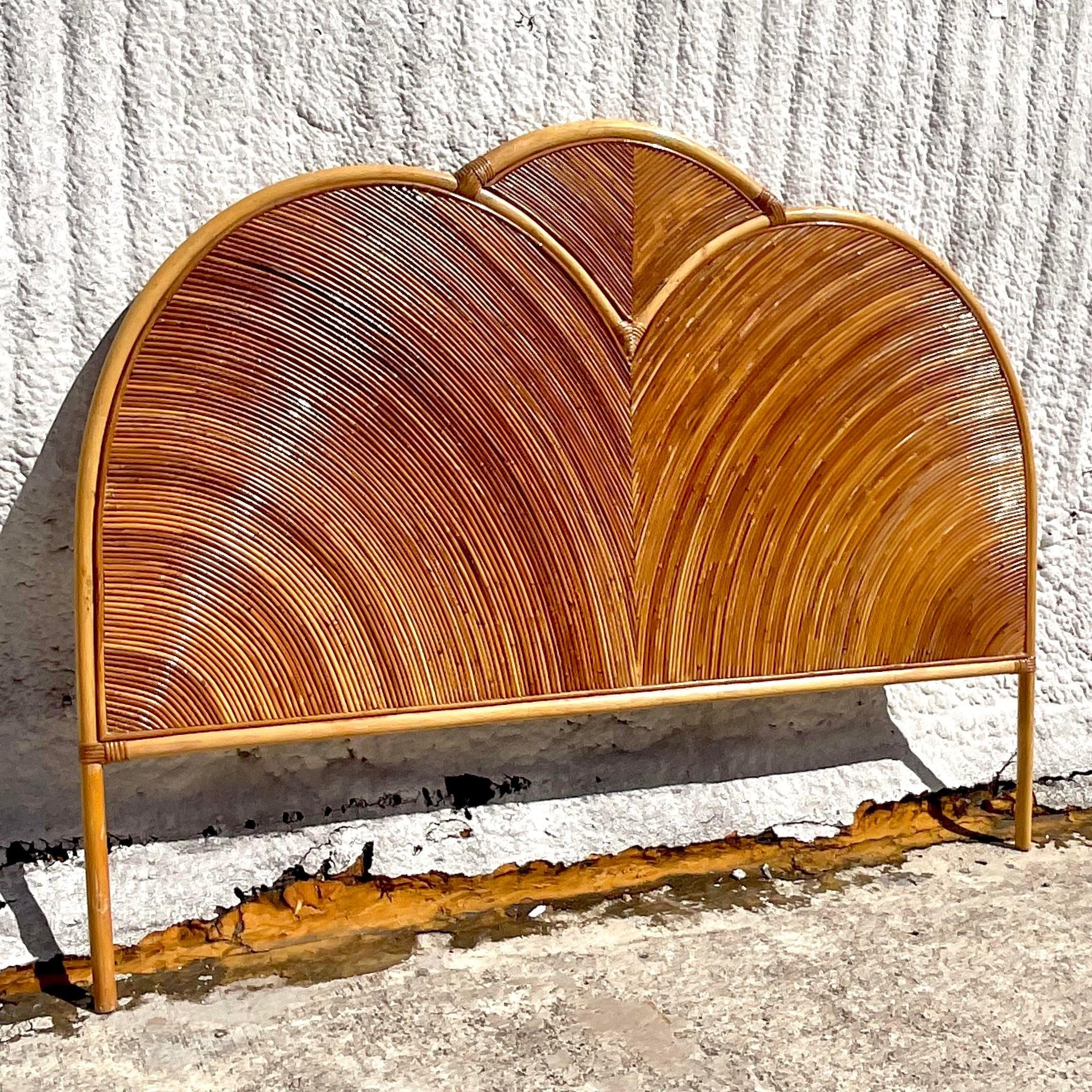 Vintage Coastal Arched Pencil Reed Queen Headboard In Good Condition In west palm beach, FL