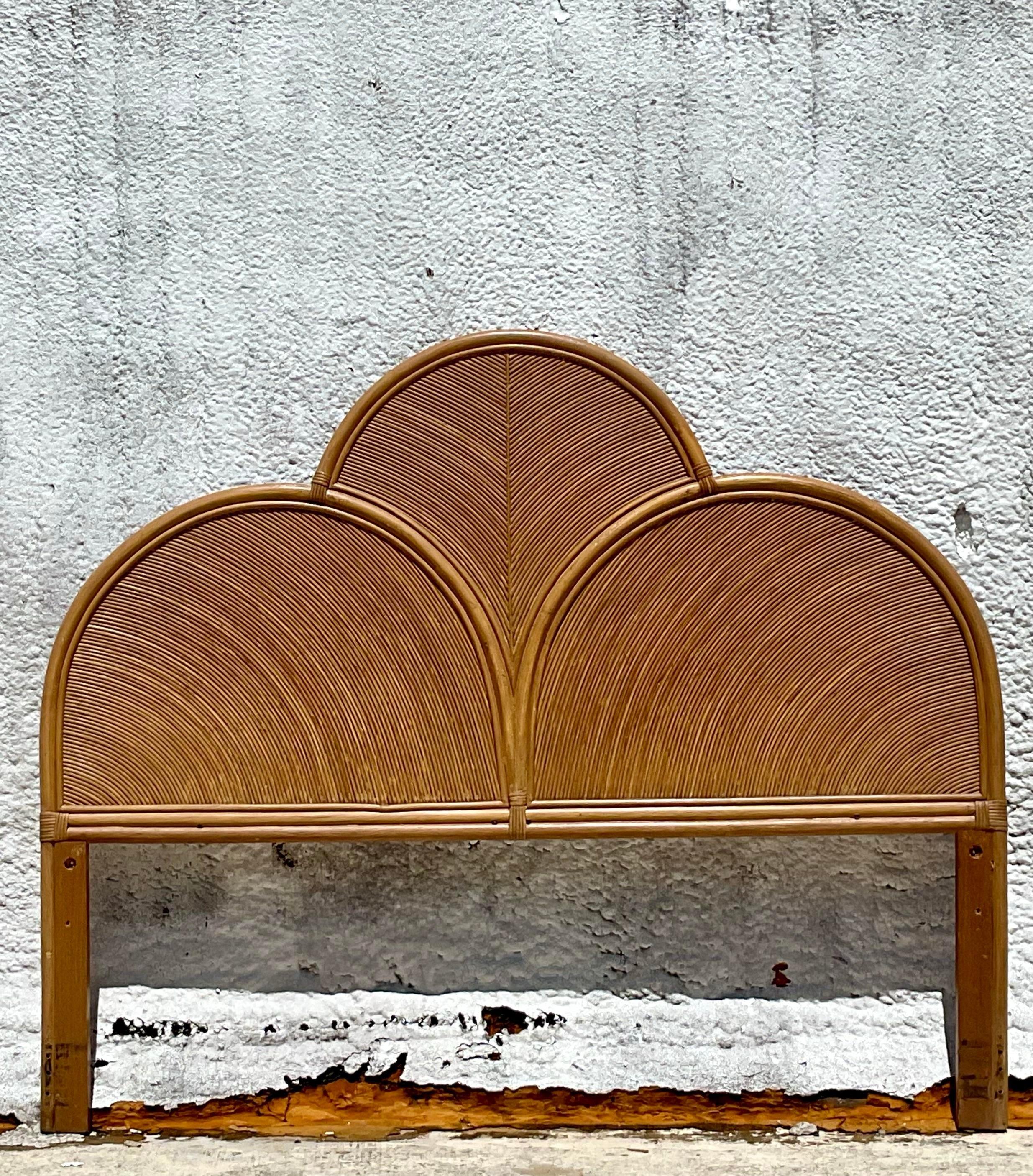 Vintage Coastal Arched Pencil Reed Queen Headboard In Good Condition For Sale In west palm beach, FL