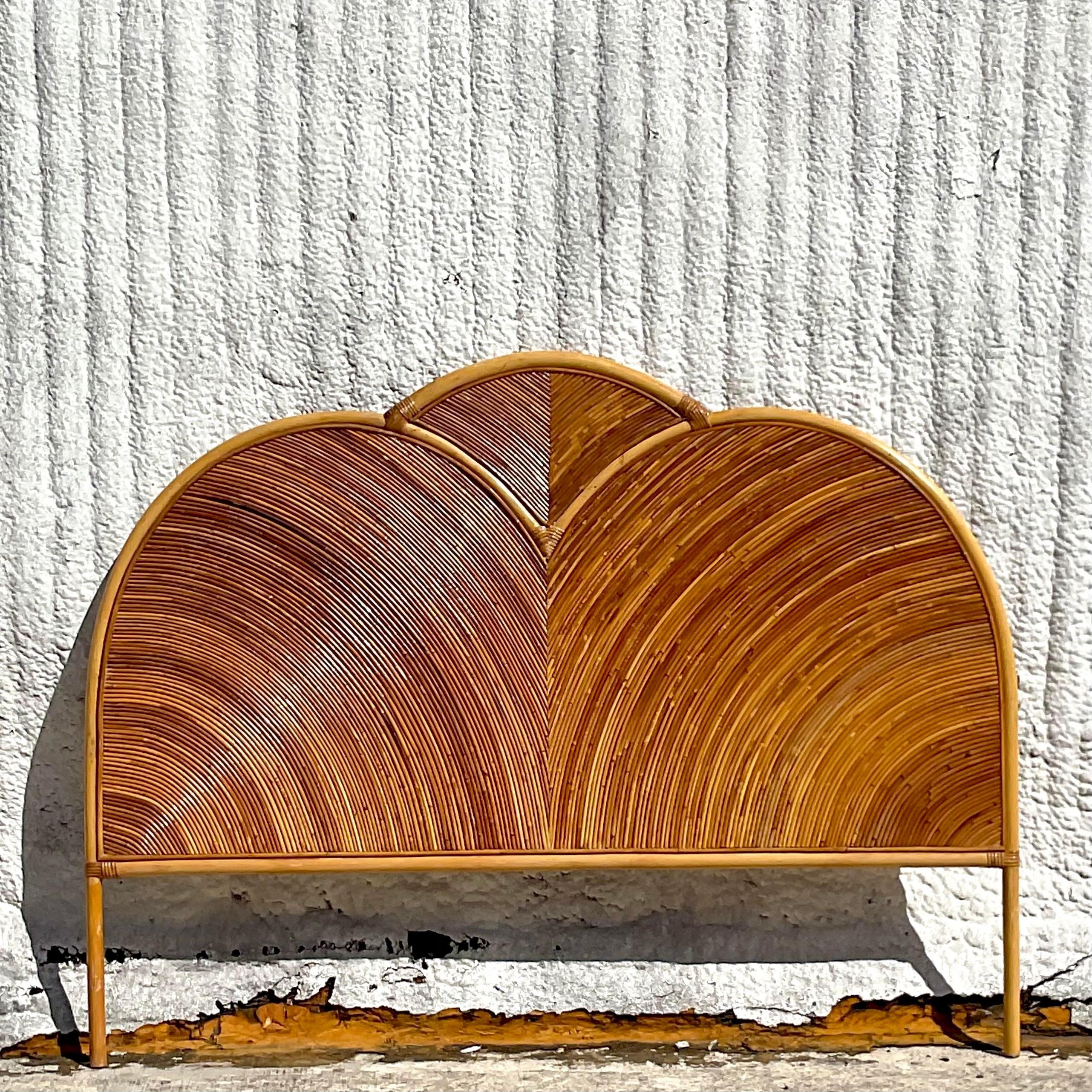 20th Century Vintage Coastal Arched Pencil Reed Queen Headboard For Sale