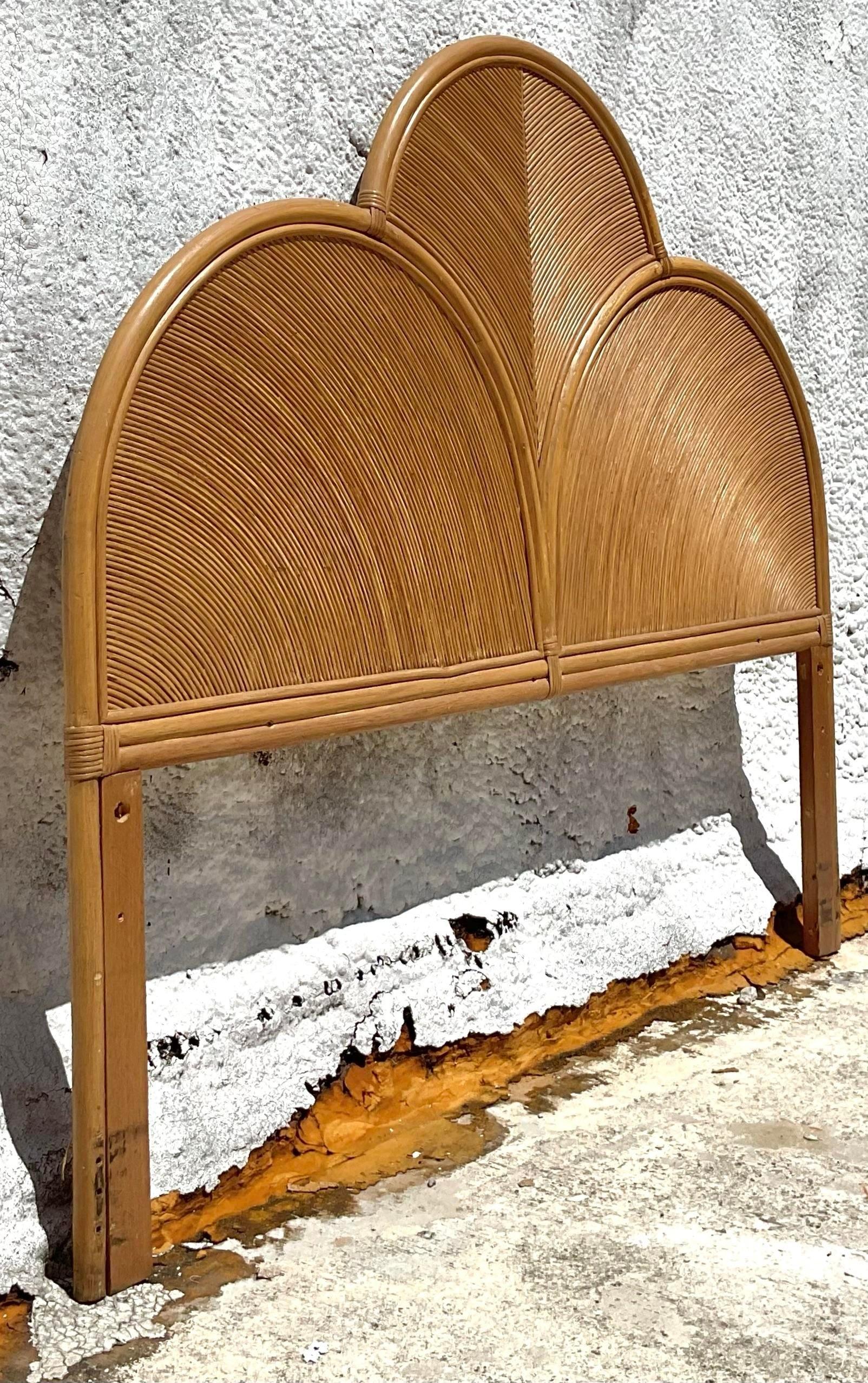 20th Century Vintage Coastal Arched Pencil Reed Queen Headboard For Sale