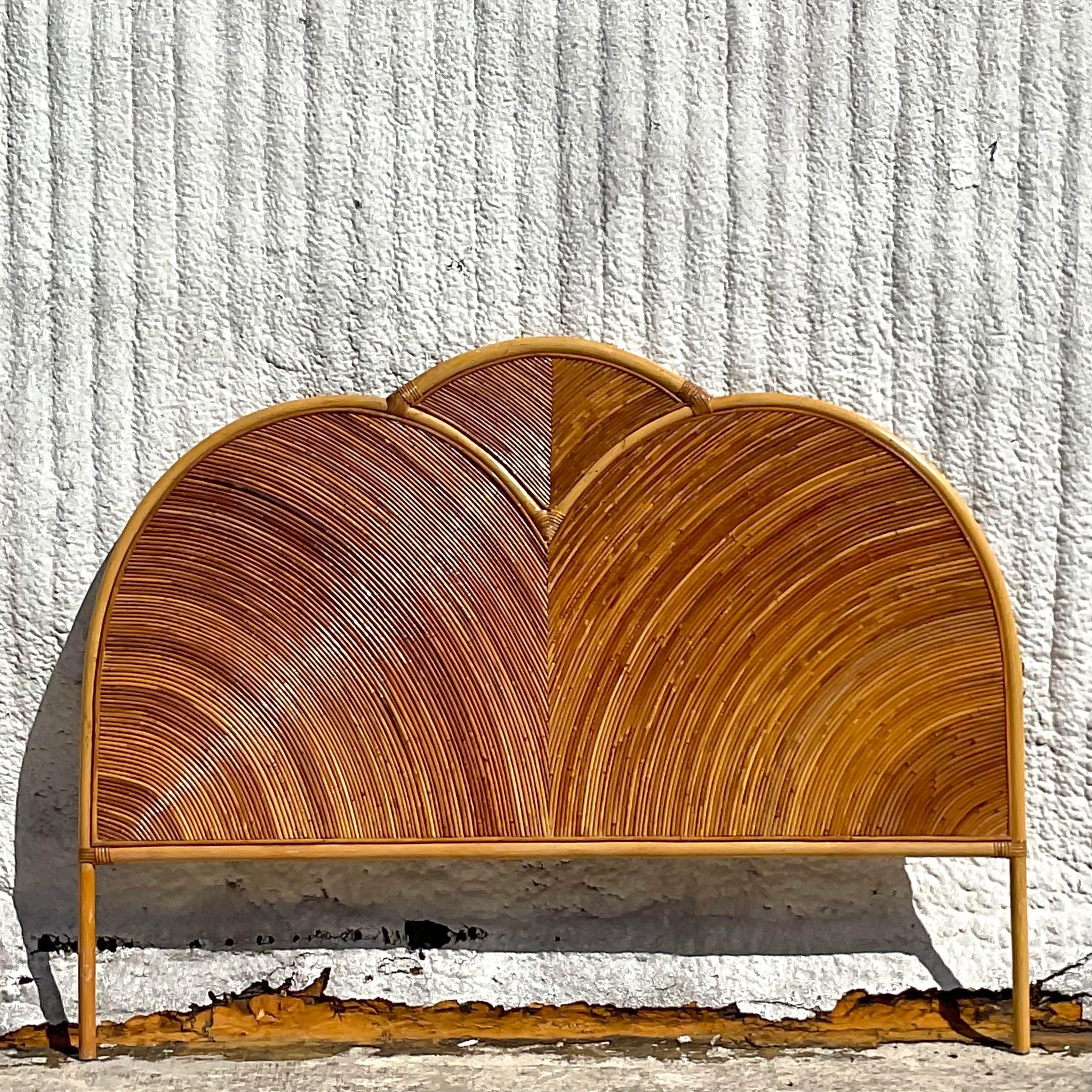 Vintage Coastal Arched Pencil Reed Queen Headboard For Sale 1