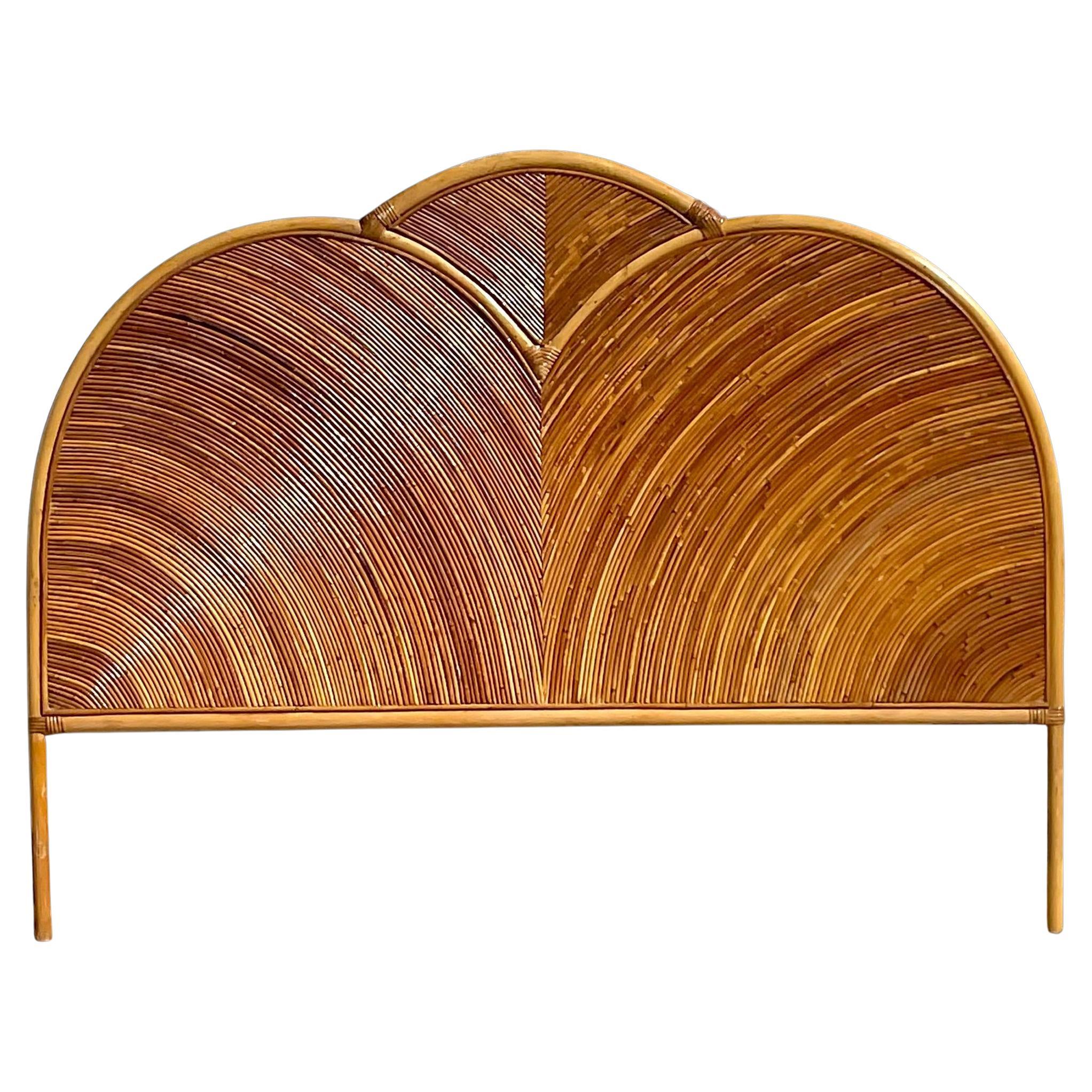 Vintage Coastal Arched Pencil Reed Queen Headboard For Sale
