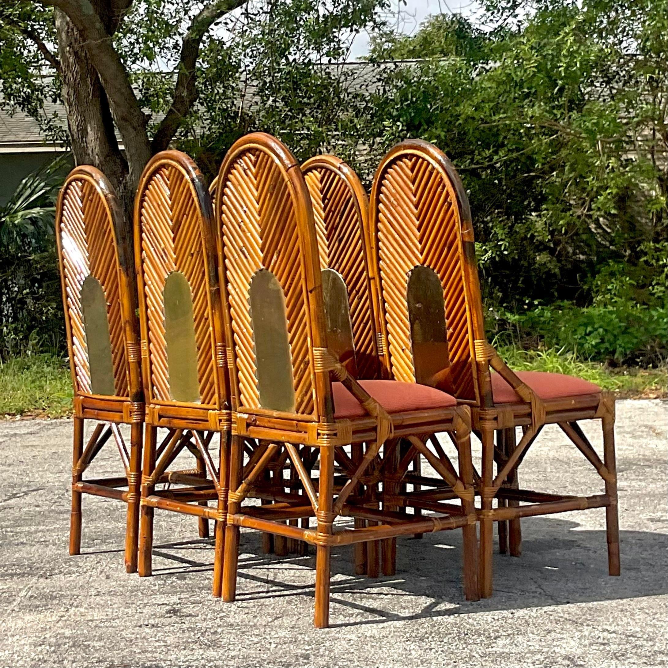 Vintage Coastal Arched Rattan and Brass Dining Chairs After Vivai Del Sud - Set  For Sale 5