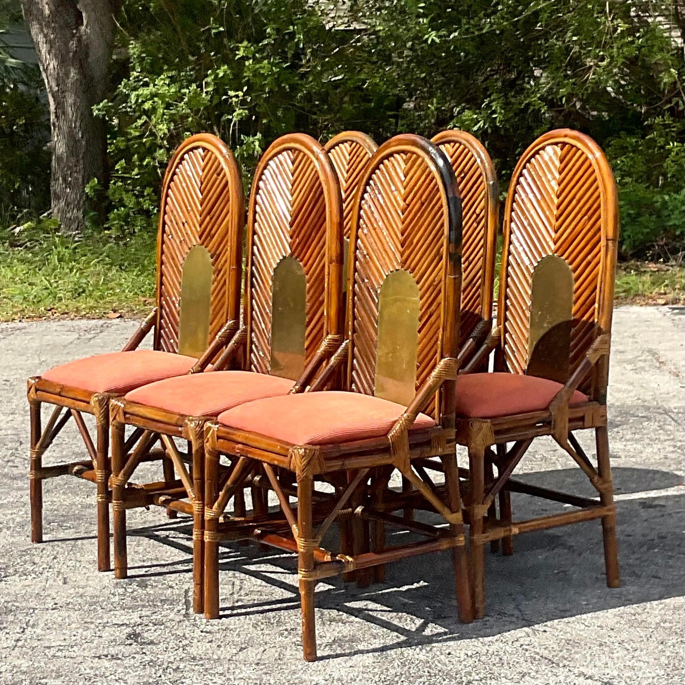 Vintage Coastal Arched Rattan and Brass Dining Chairs After Vivai Del Sud - Set  In Good Condition For Sale In west palm beach, FL
