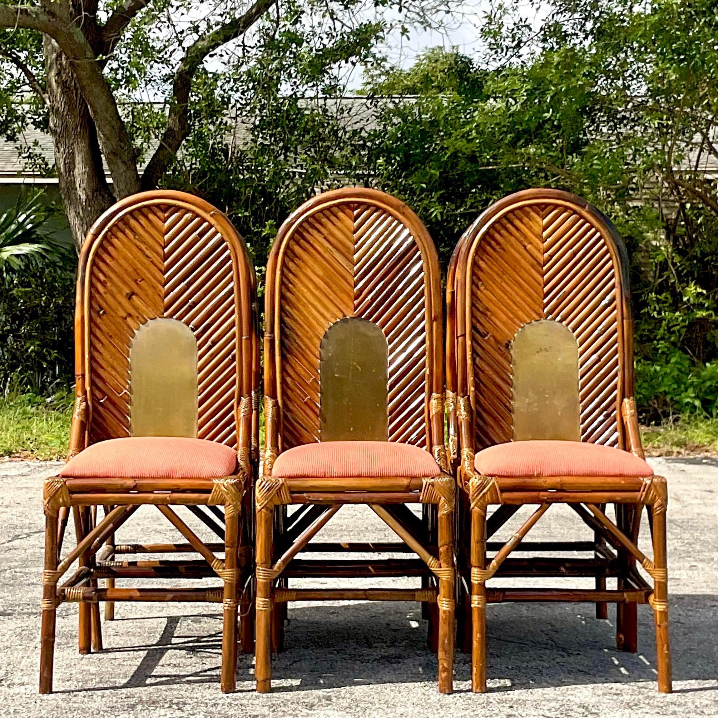 Late 20th Century Vintage Coastal Arched Rattan and Brass Dining Chairs After Vivai Del Sud - Set  For Sale