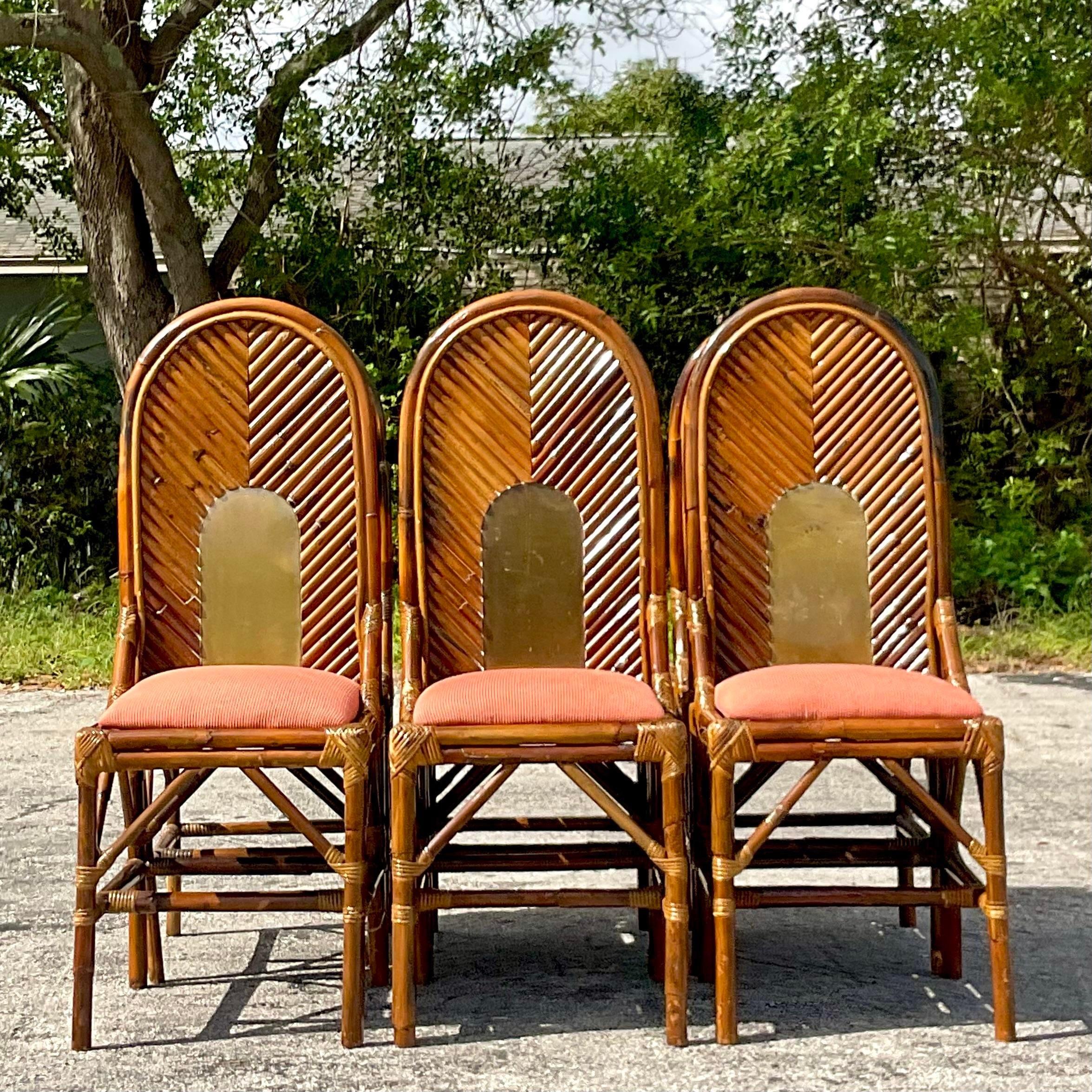 Vintage Coastal Arched Rattan and Brass Dining Chairs After Vivai Del Sud - Set  For Sale 1
