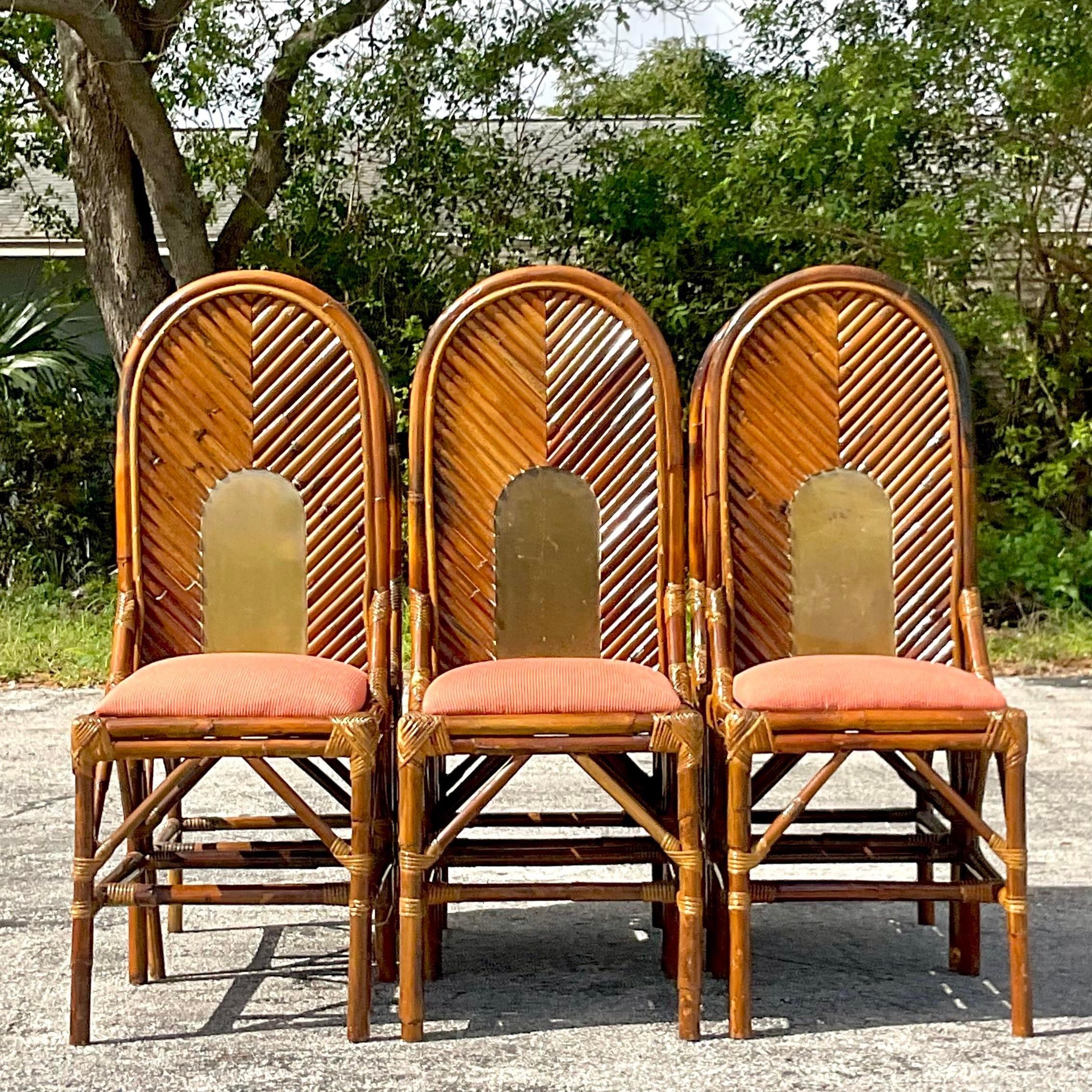 Vintage Coastal Arched Rattan and Brass Dining Chairs After Vivai Del Sud - Set  For Sale 2