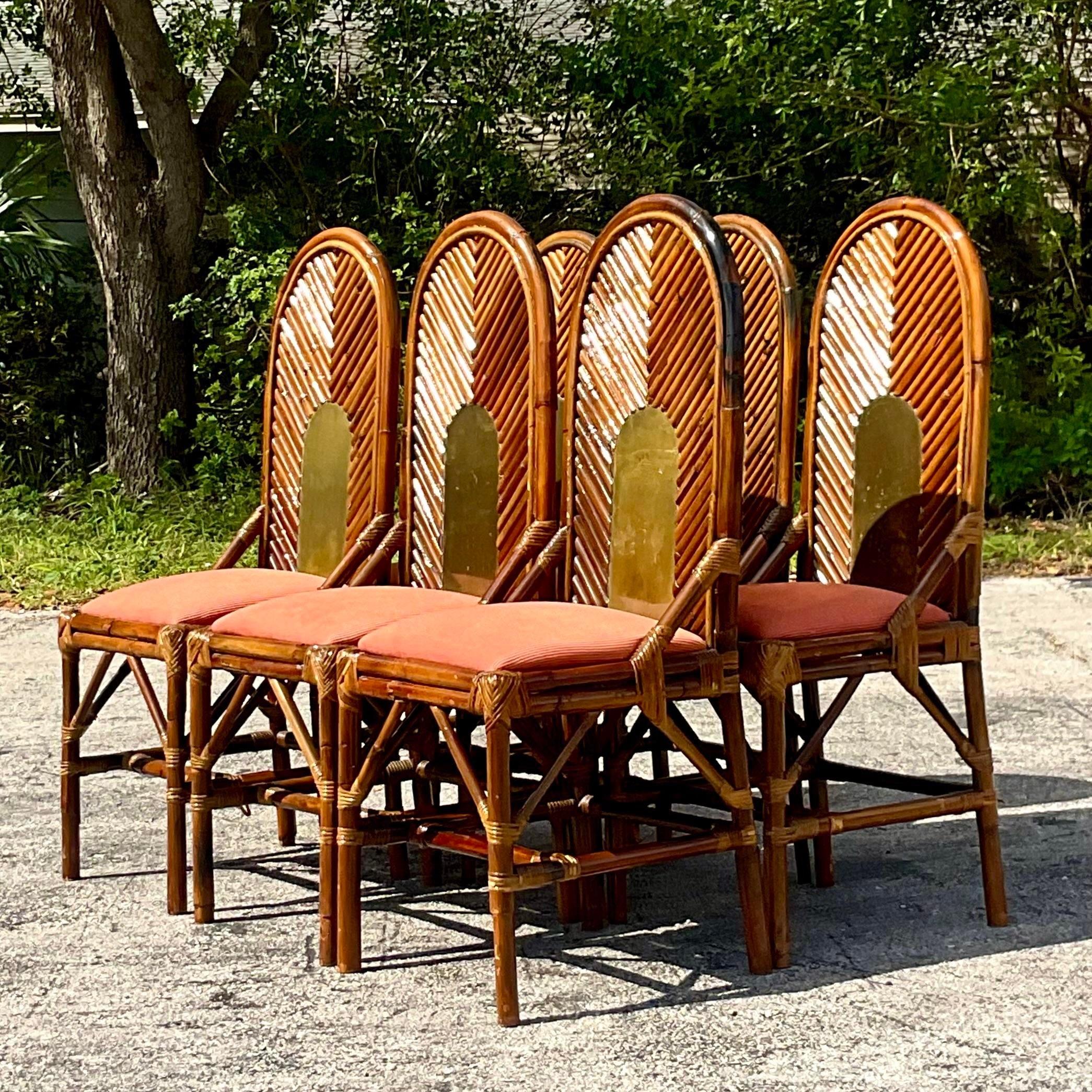Vintage Coastal Arched Rattan and Brass Dining Chairs After Vivai Del Sud - Set  For Sale 3