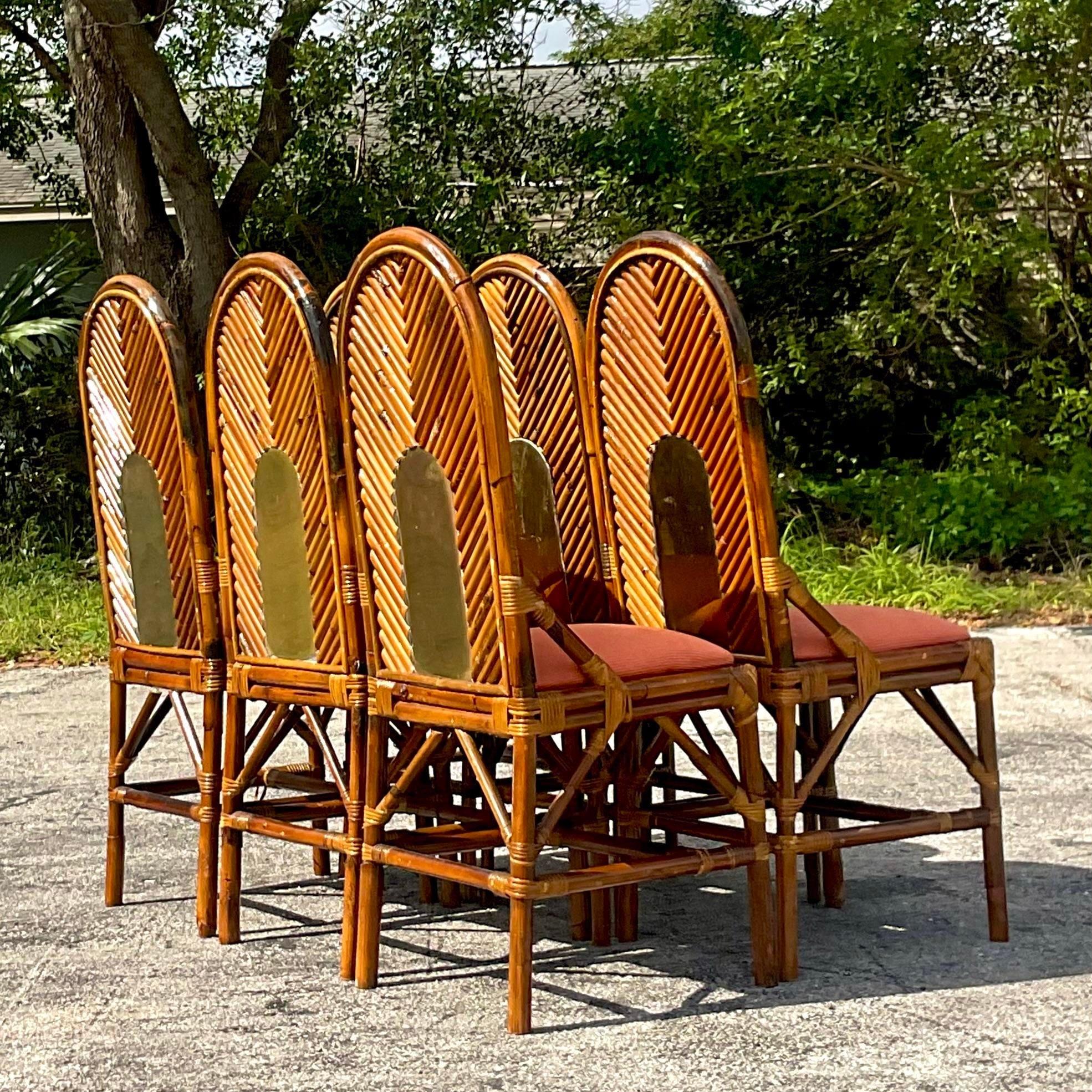 Vintage Coastal Arched Rattan and Brass Dining Chairs After Vivai Del Sud - Set  For Sale 4