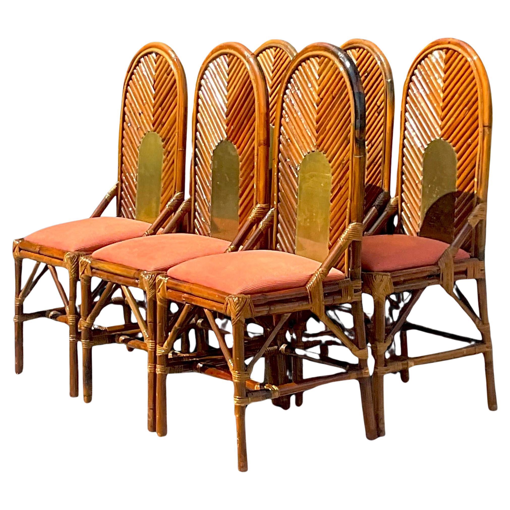 Vintage Coastal Arched Rattan and Brass Dining Chairs After Vivai Del Sud - Set  For Sale