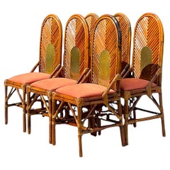 Vintage Coastal Arched Rattan and Brass Dining Chairs After Vivai Del Sud - Set 