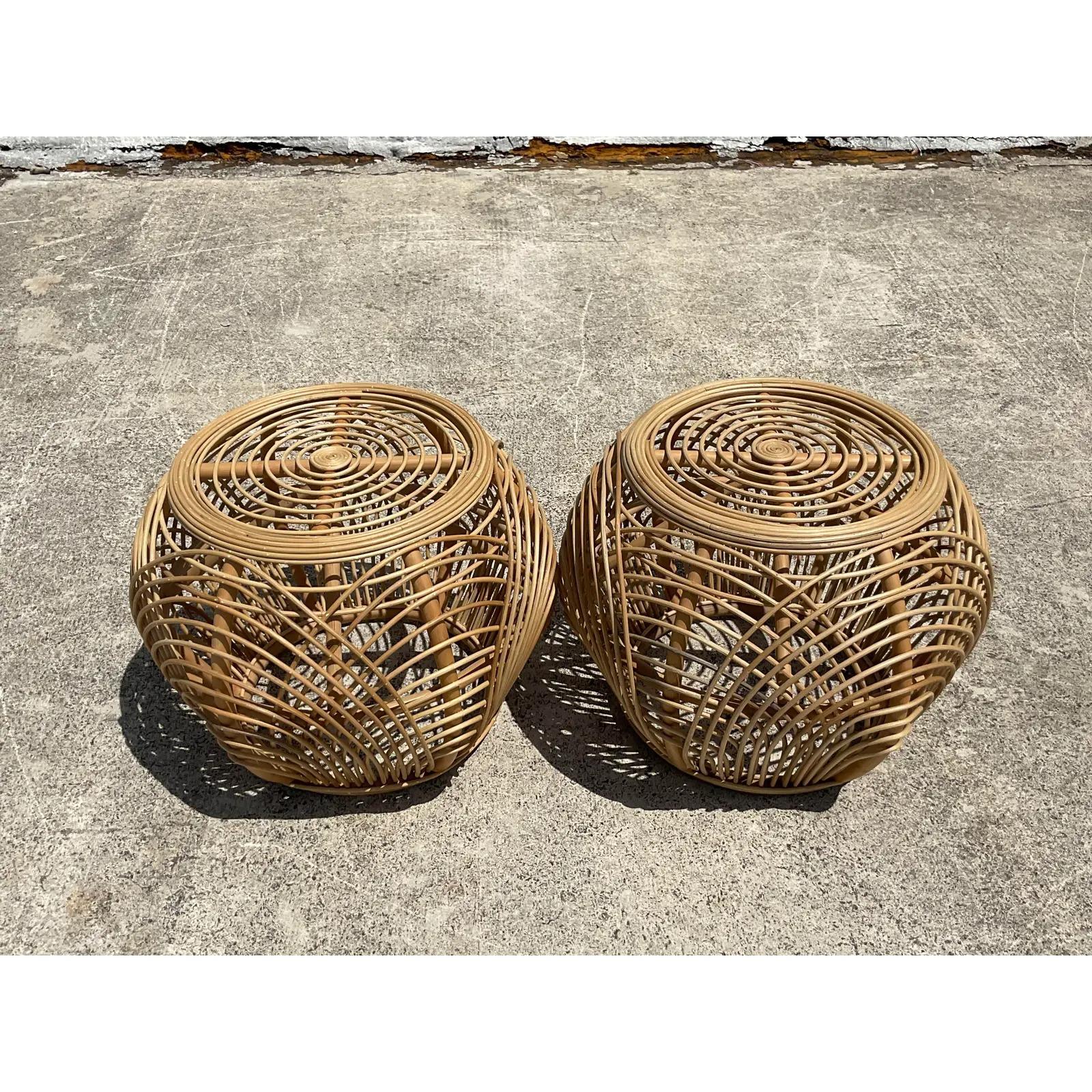 Philippine Vintage Coastal Arched Rattan Drinks Table, a Pair