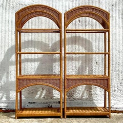 Vintage Coastal Arched Rattan Etagere, a Pair