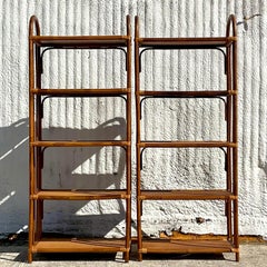 Vintage Coastal Arched Rattan Etagere - a Pair
