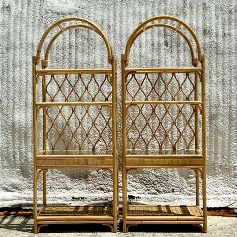 This pair of Vintage Coastal Arched Rattan Etageres brings effortless beachy elegance to your space. With their arched design and natural rattan finish, these shelving units are perfect for displaying your treasures while adding a touch of coastal