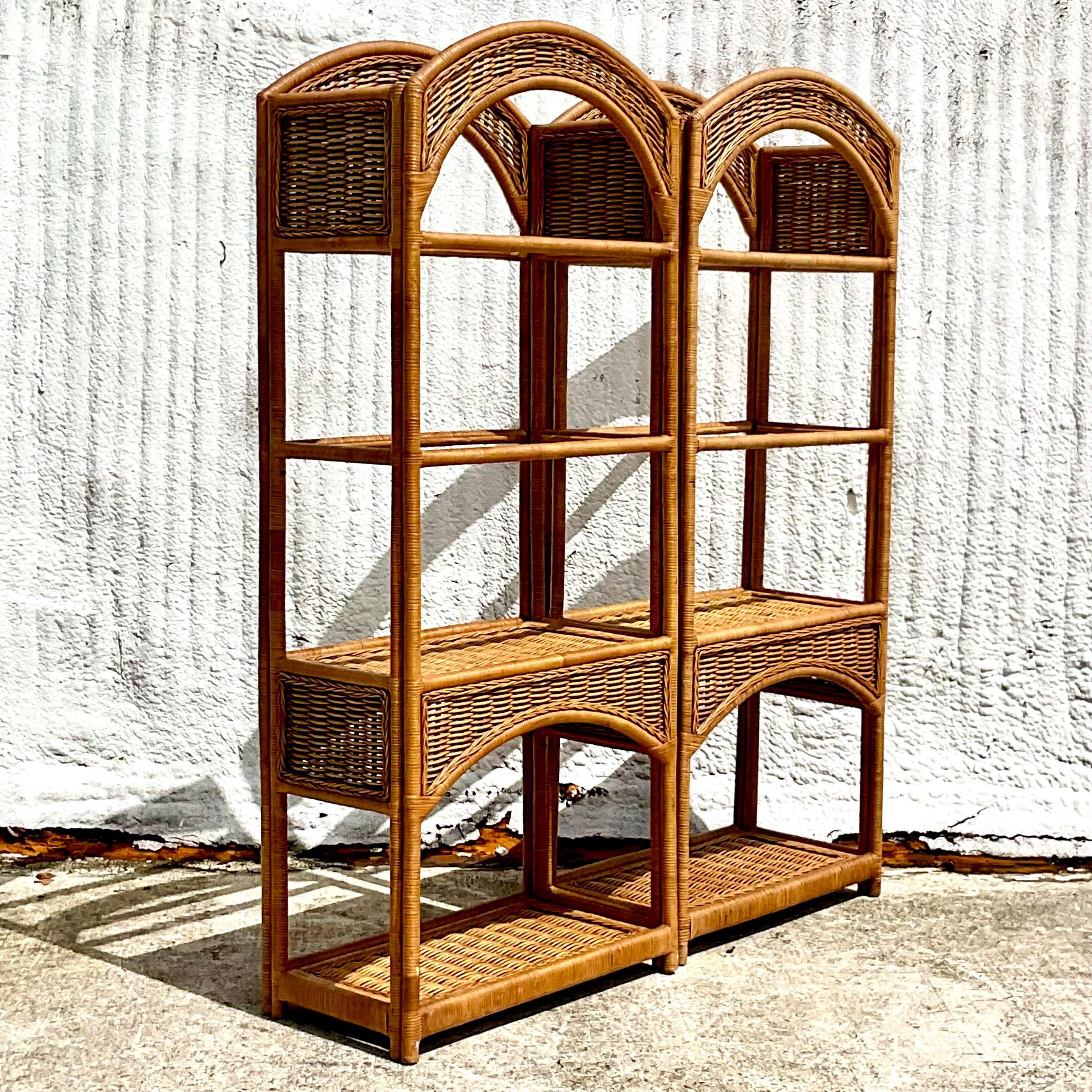 Vintage Coastal Arched Rattan Etagere, a Pair In Good Condition In west palm beach, FL