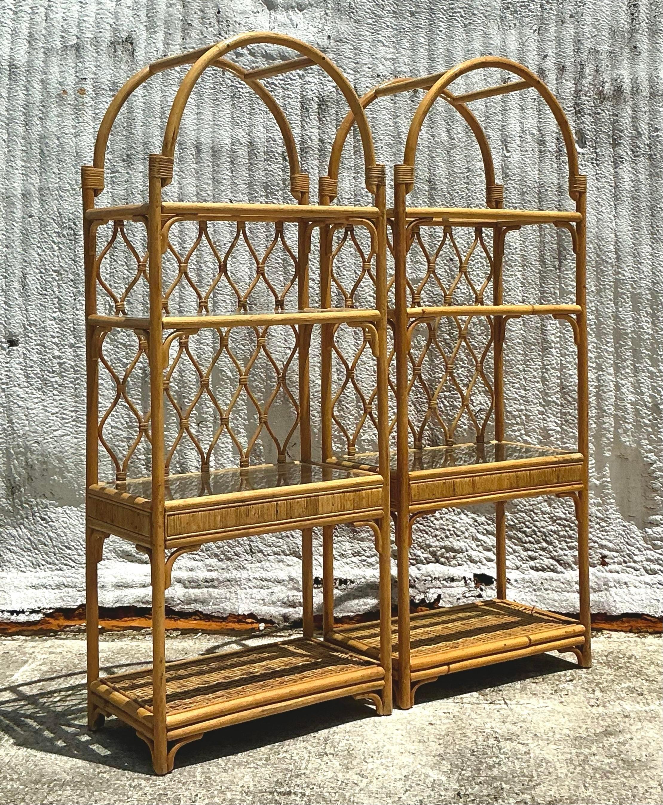 Vintage Coastal Arched Rattan Etagere - a Pair In Good Condition In West Palm Beach, FL