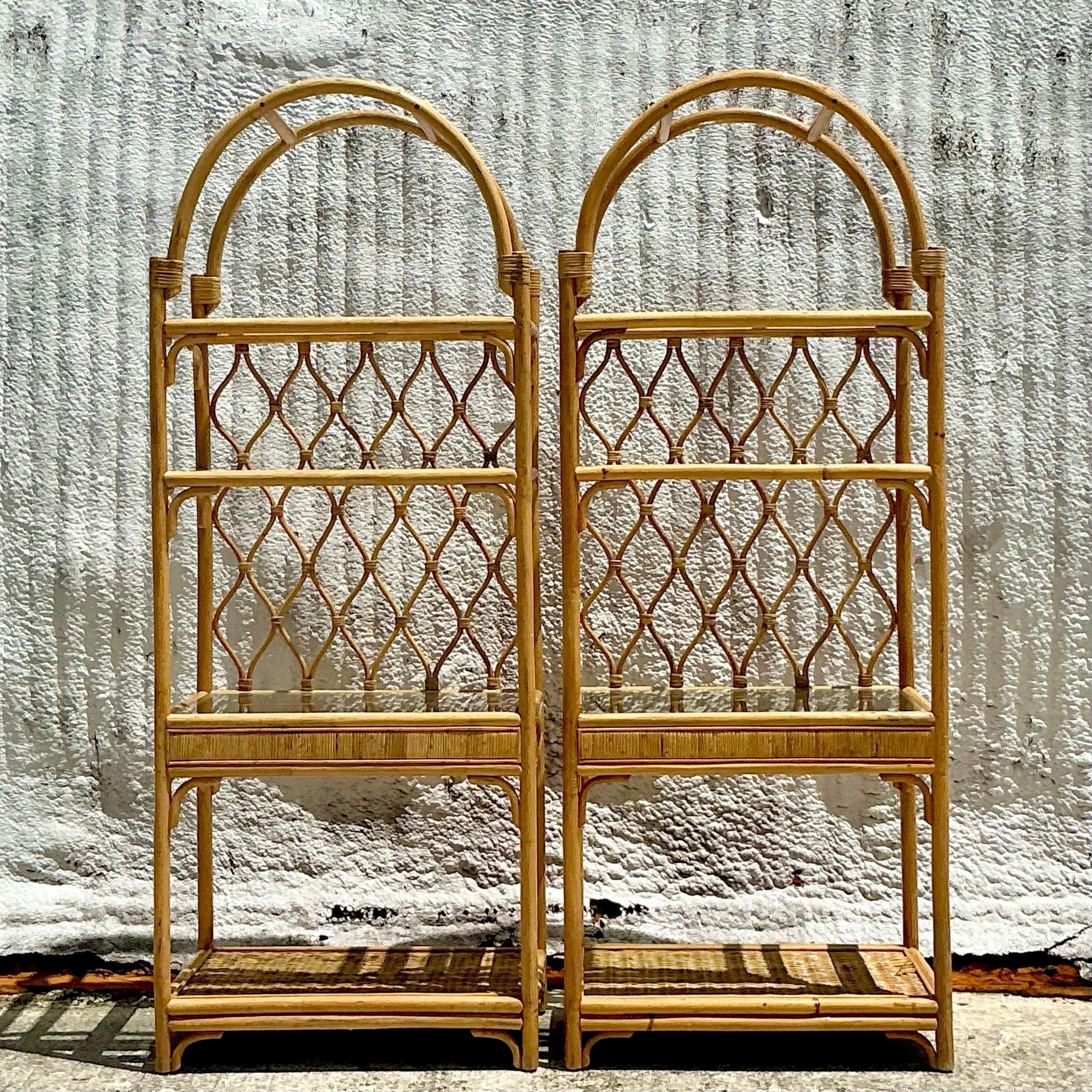 20th Century Vintage Coastal Arched Rattan Etagere - a Pair