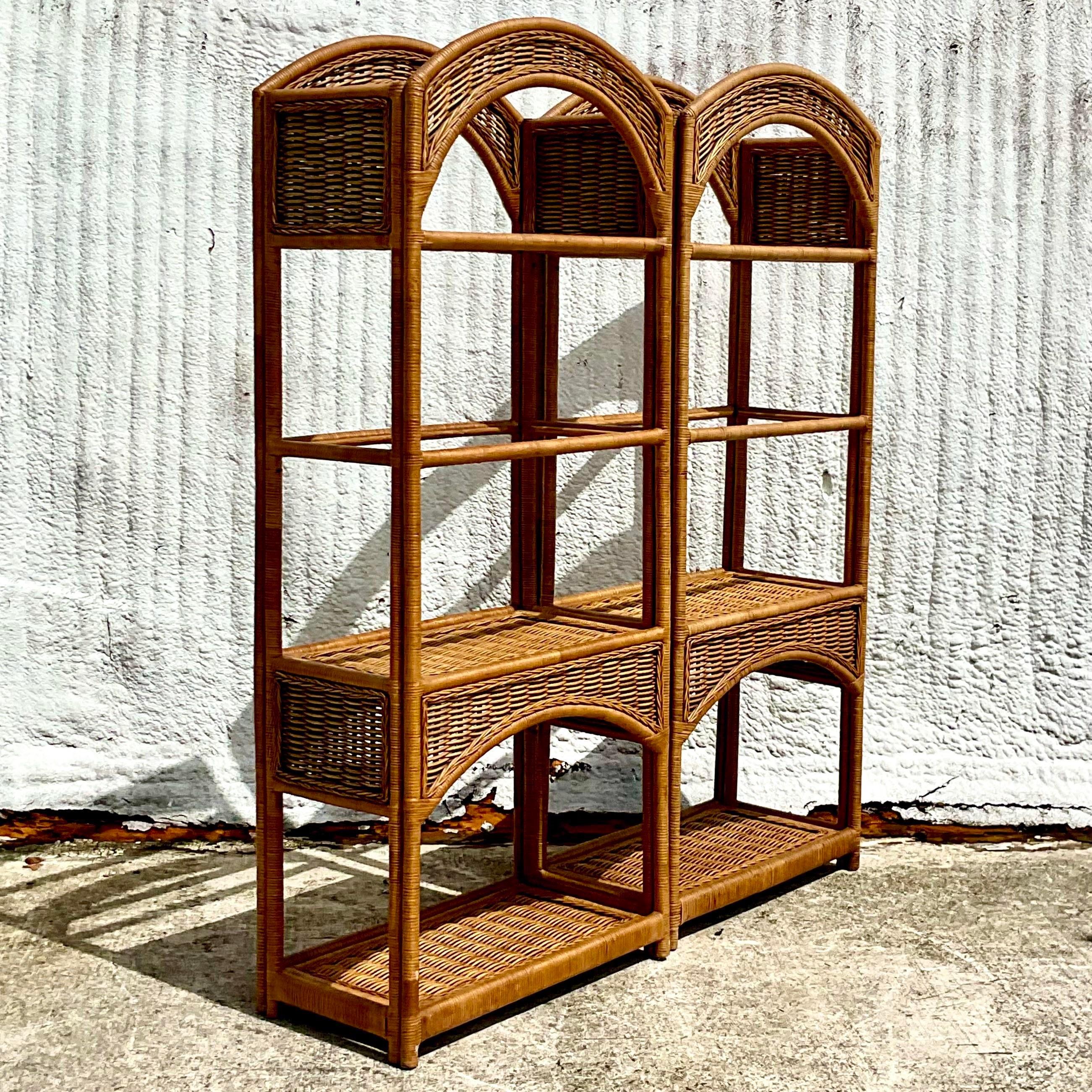 Philippine Vintage Coastal Arched Rattan Etagere, a Pair