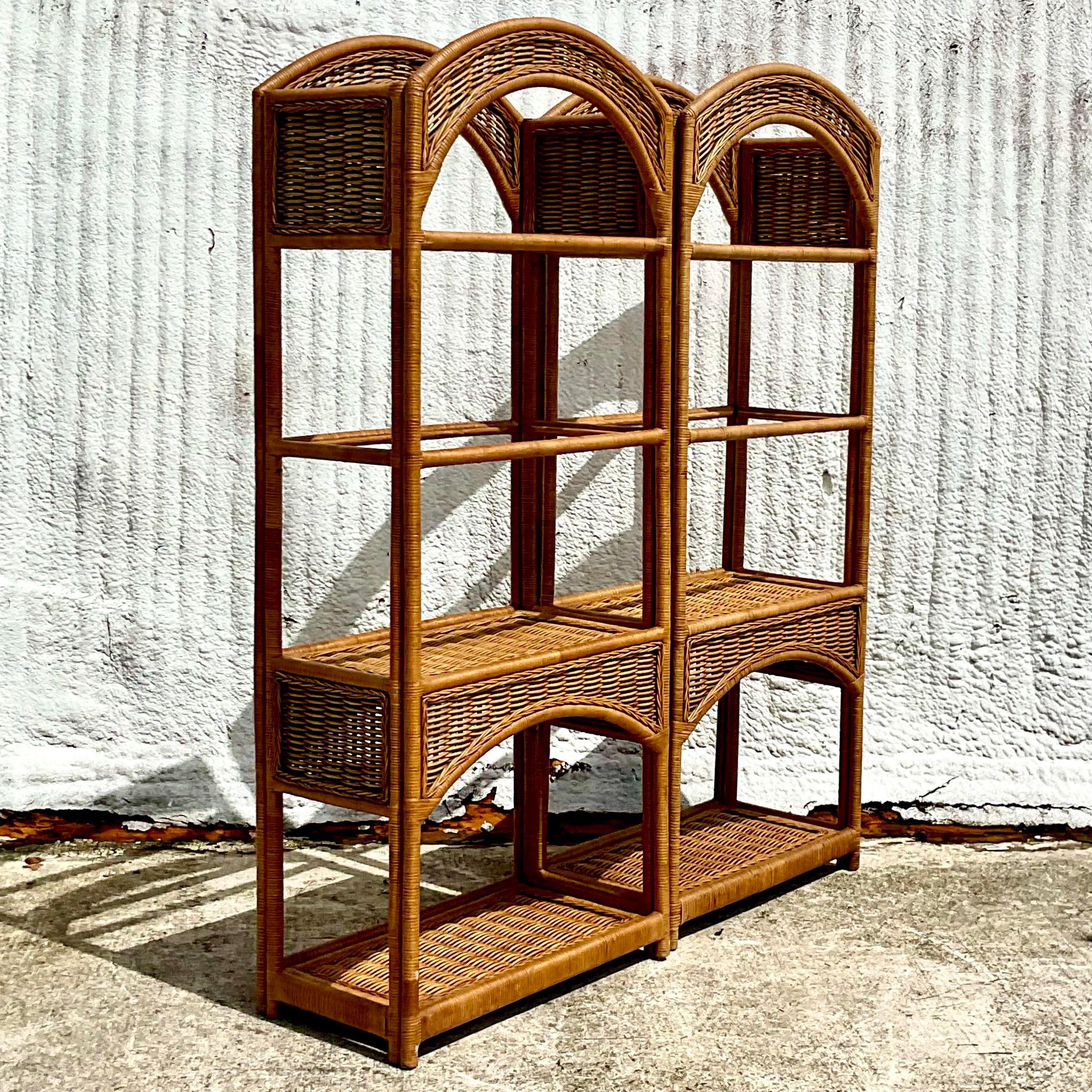 Vintage Coastal Arched Rattan Etagere, a Pair 1